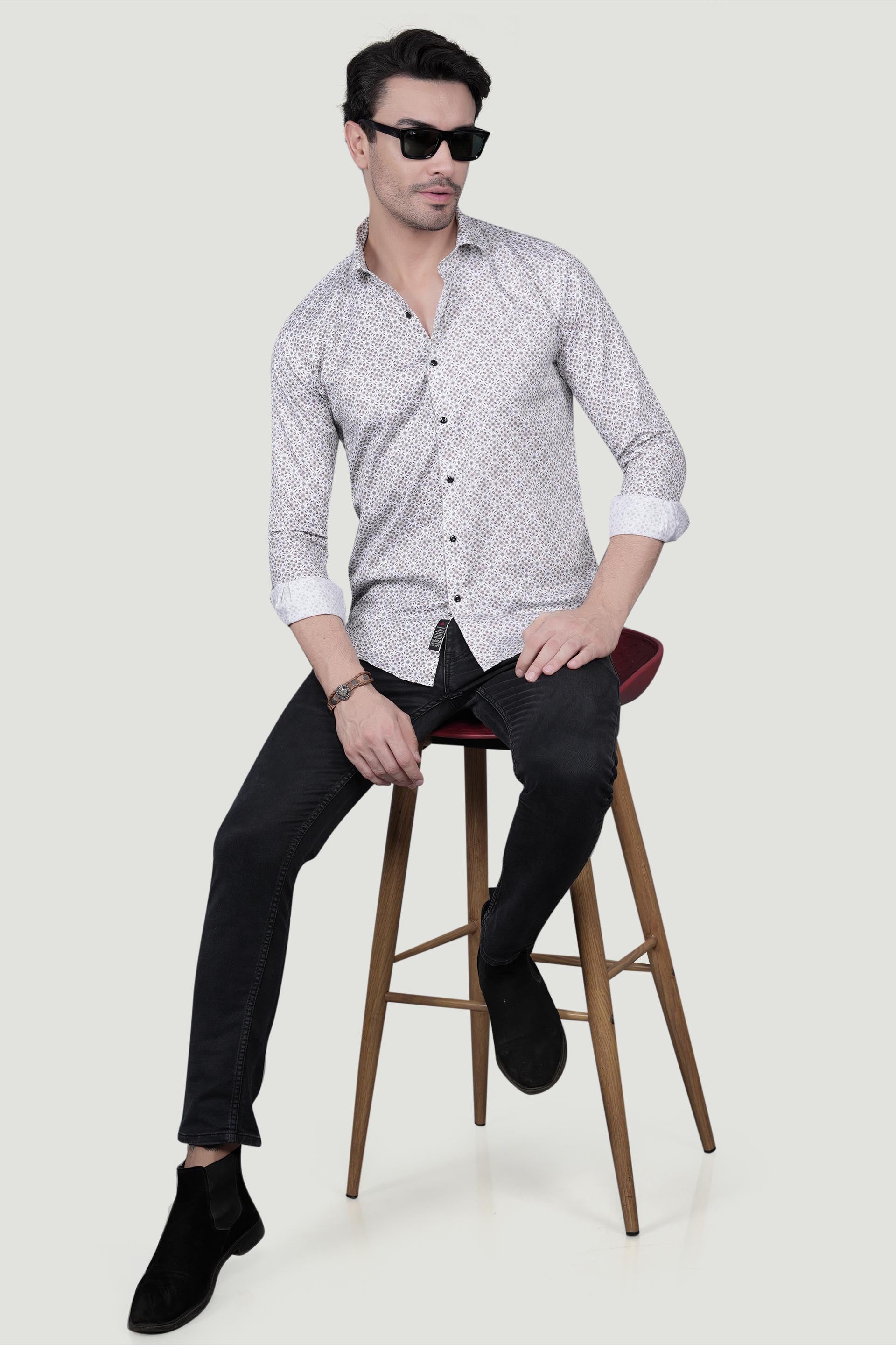 Cedric White Cotton Printed Shirt