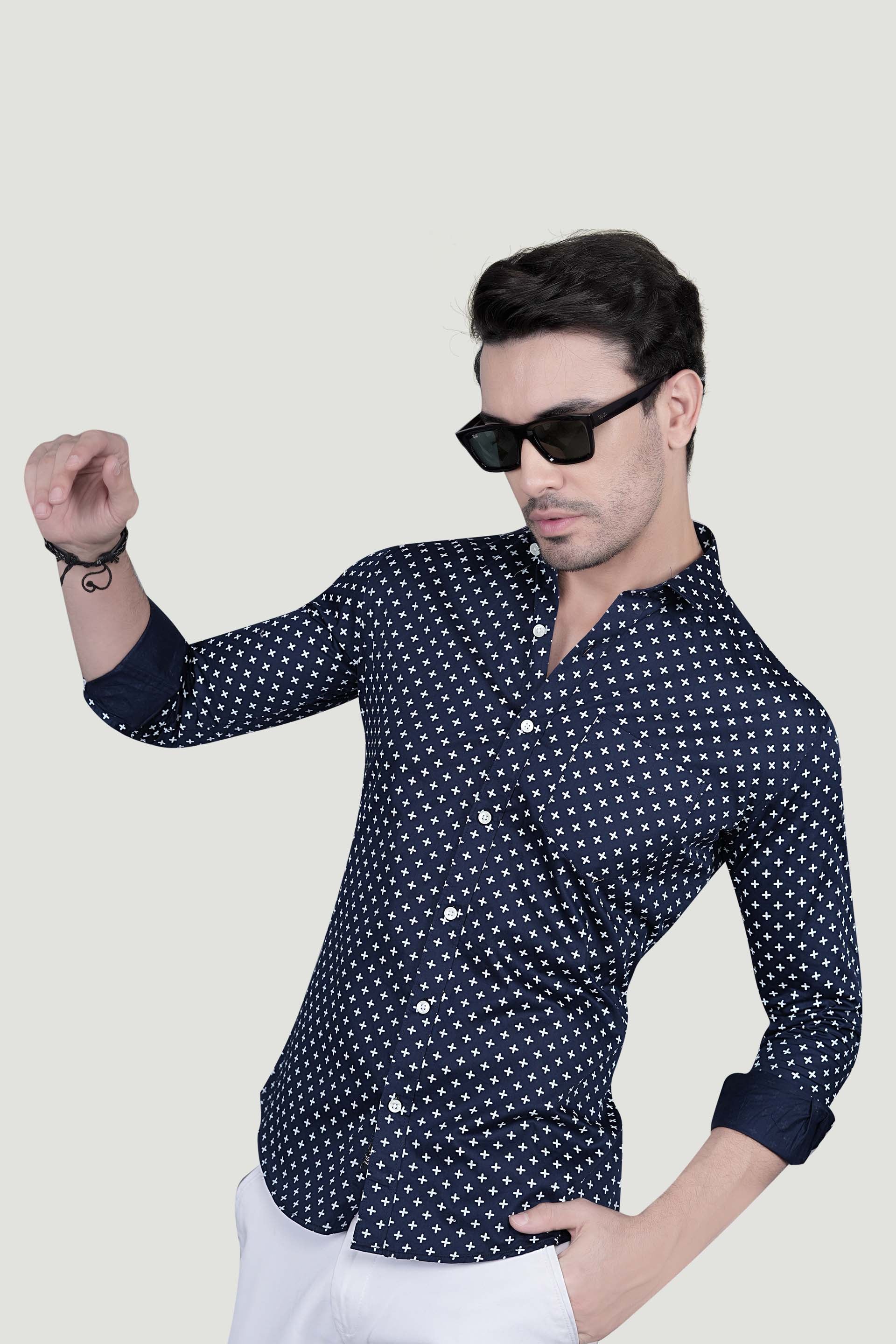 Platon Navy Blue Cotton Printed Shirt