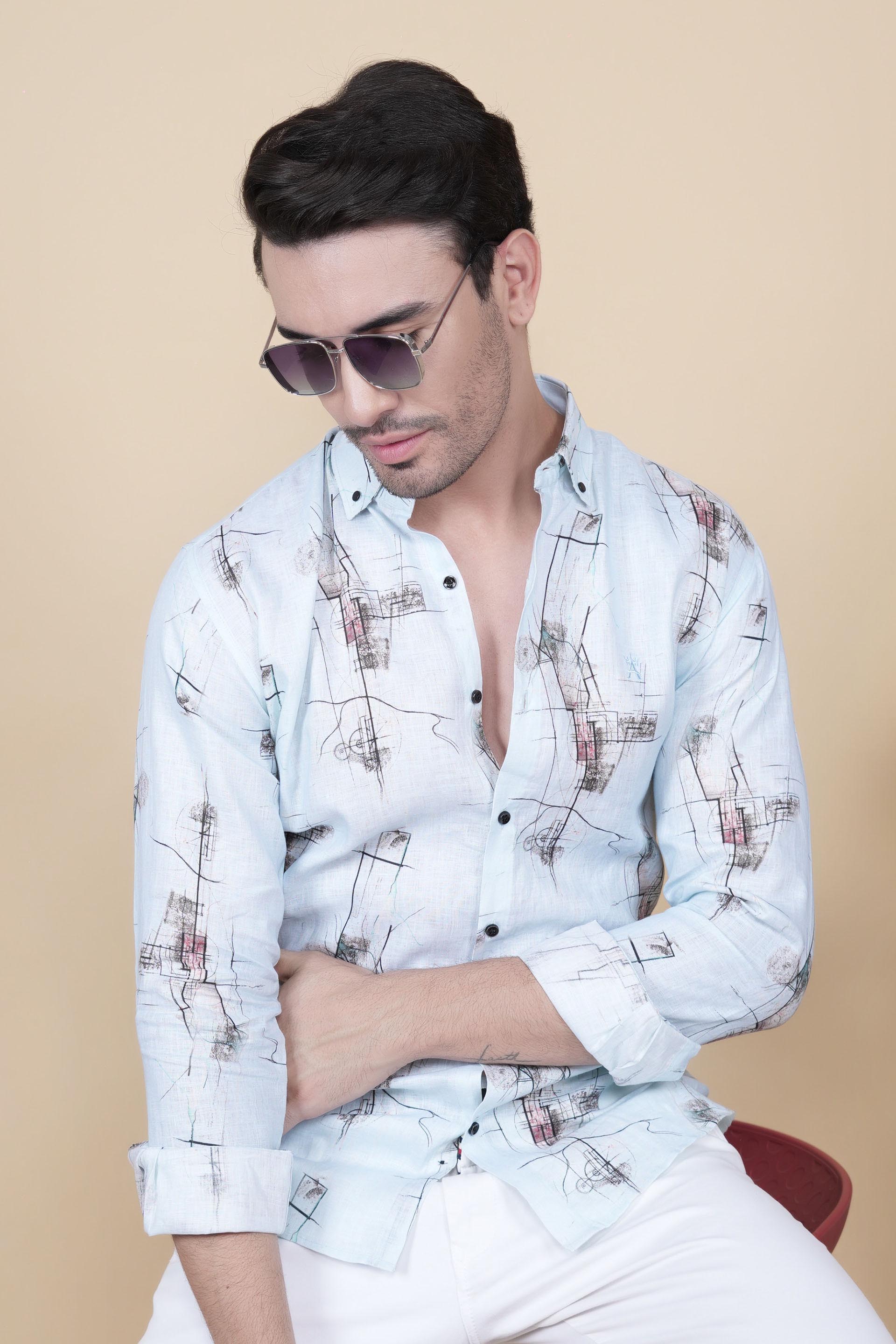 David Light Blue Linen Printed Shirt