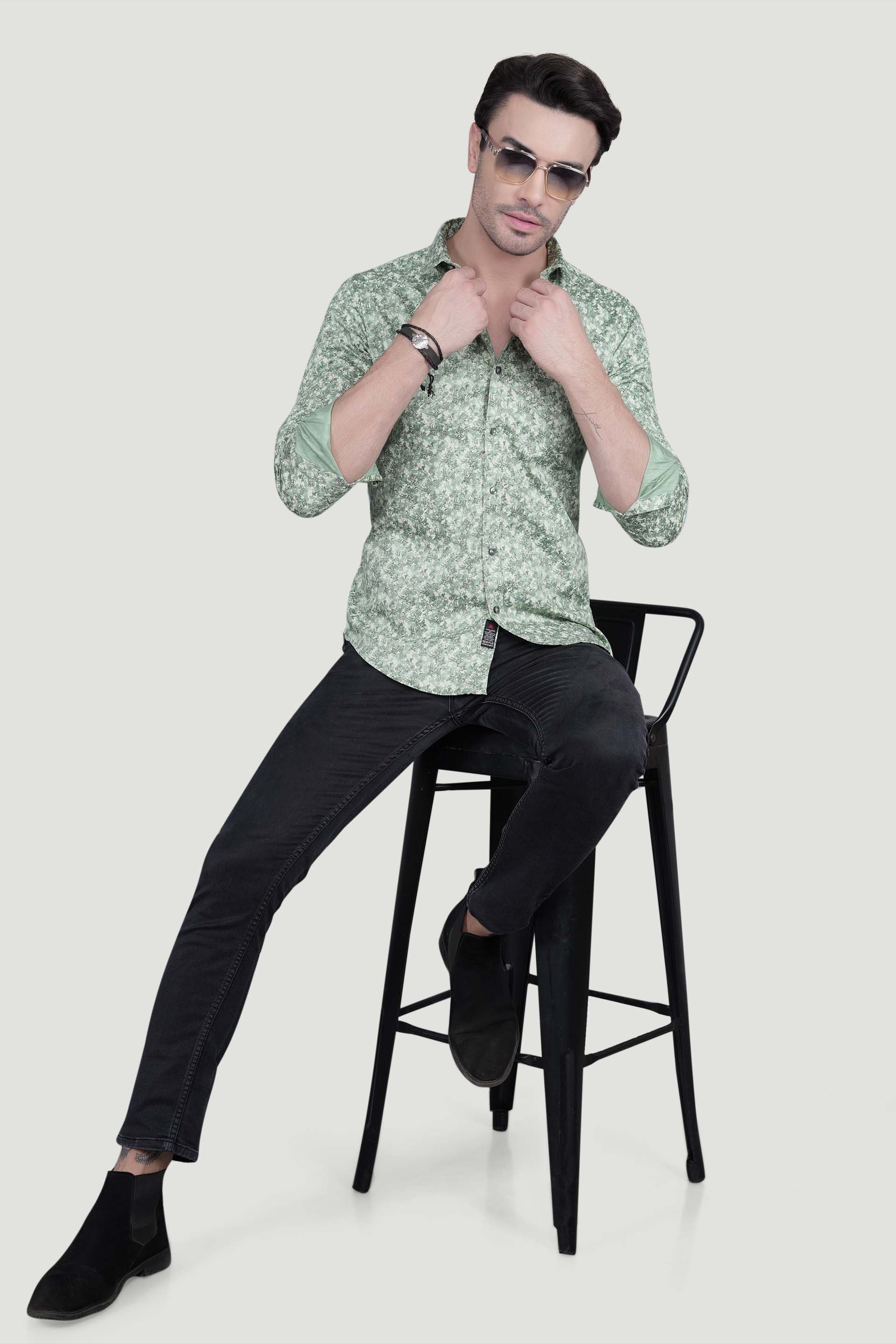 Nature Green Cotton Floral Printed Shirt