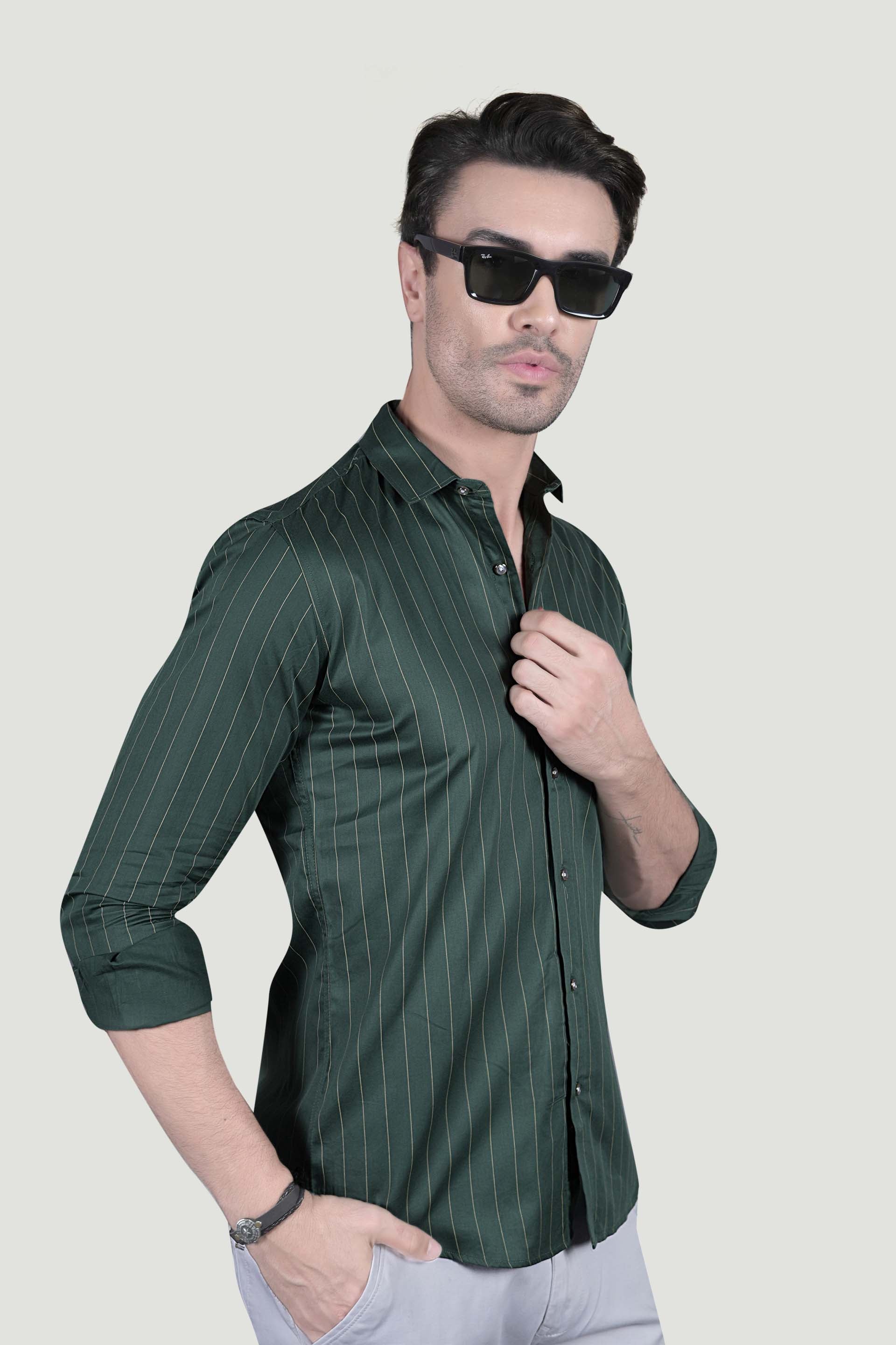 Henrik Green Cotton Striped Shirt