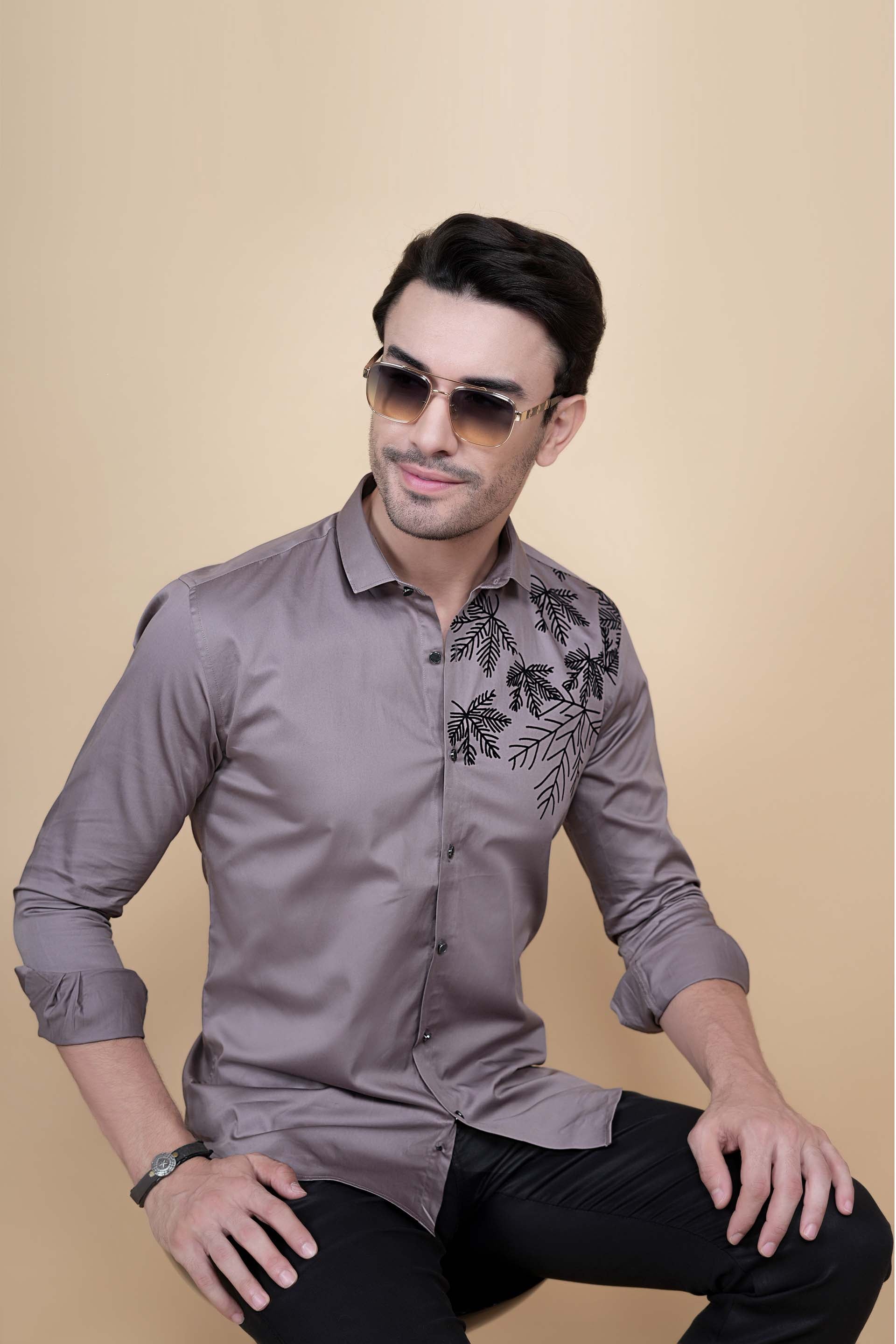 Dany Grey Cotton Solid Embroidery Shirt