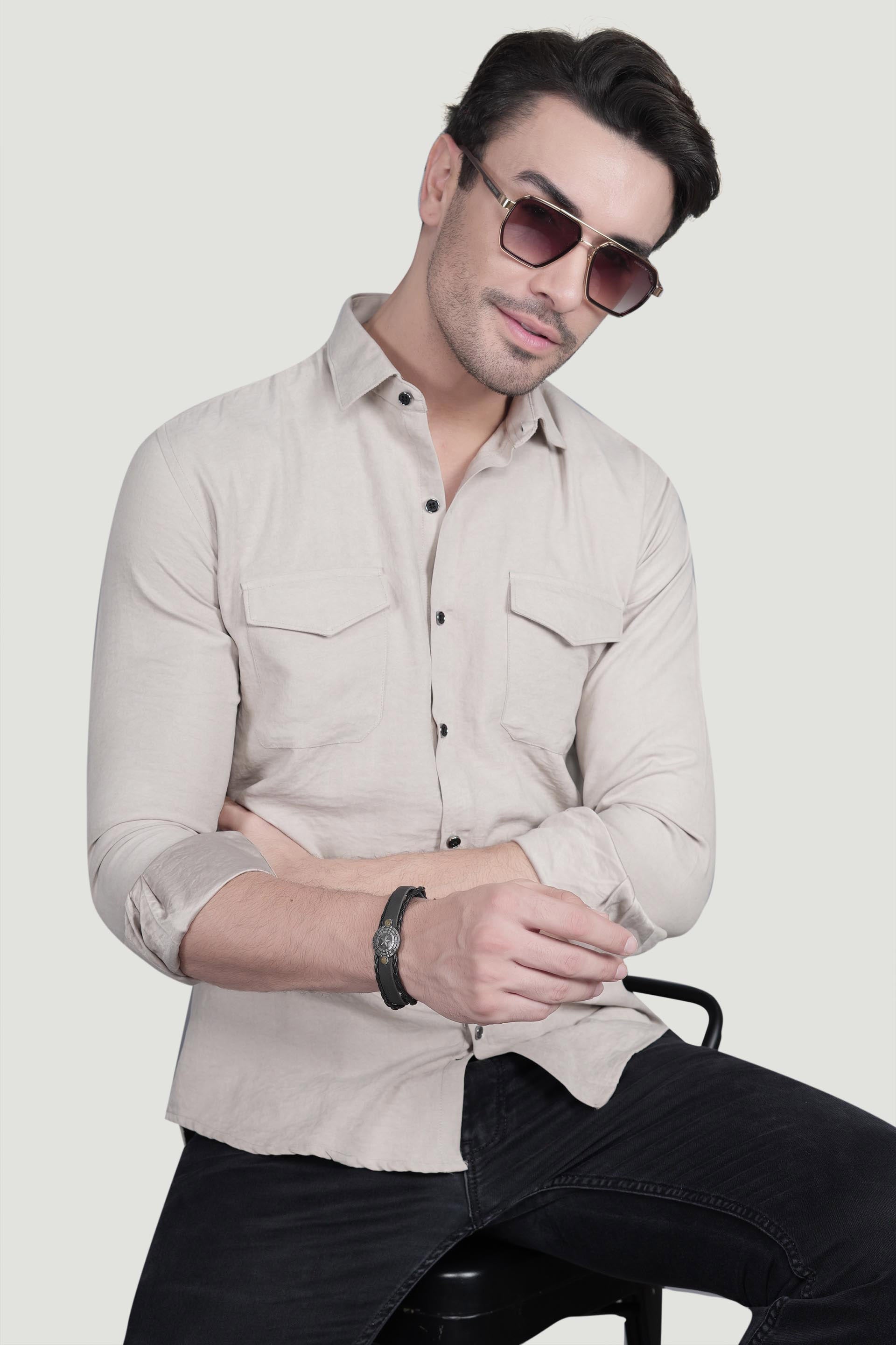 Abel Cream Suede Double Pocket Solid Shirt