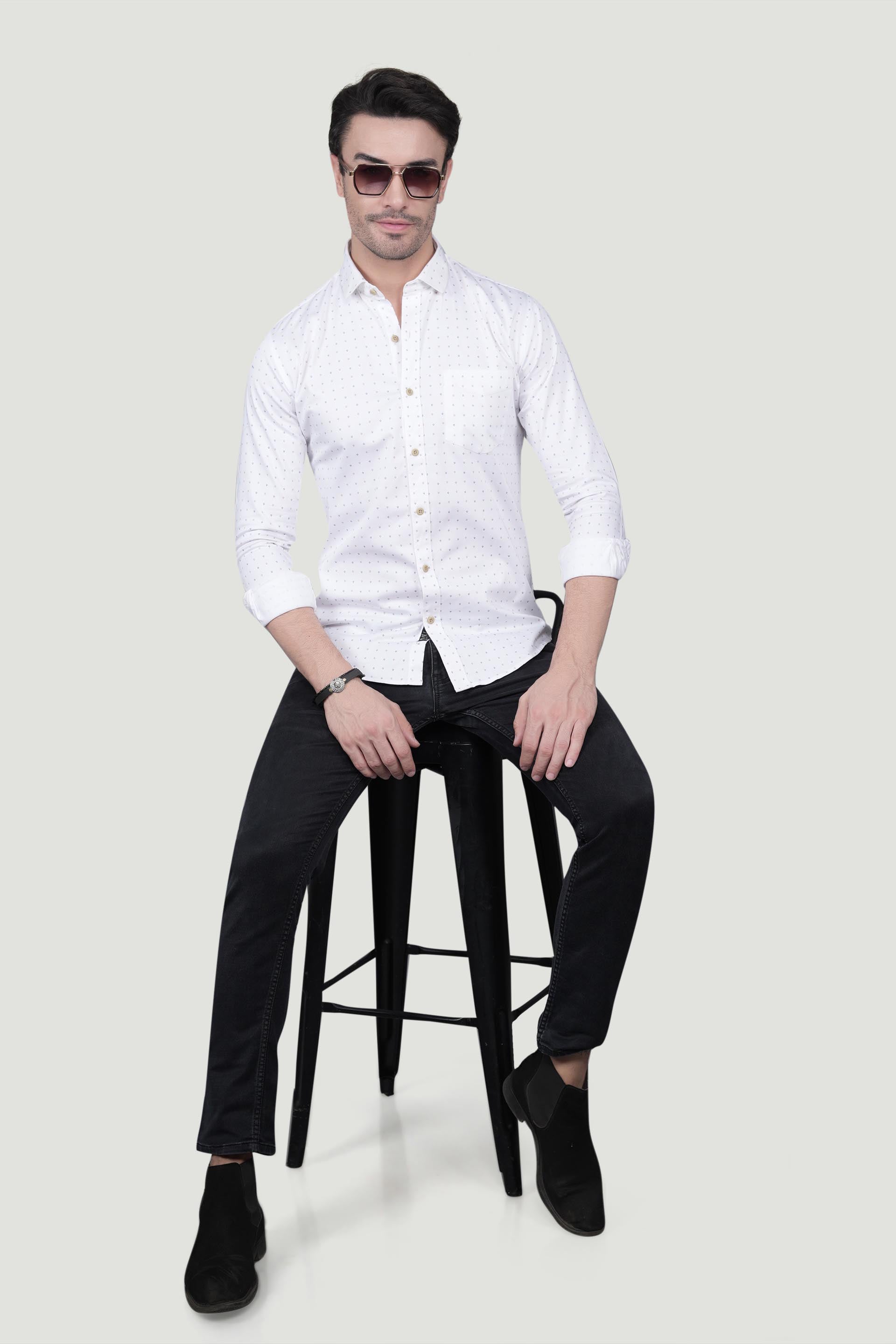 Wilhelm White Cotton Printed Shirt