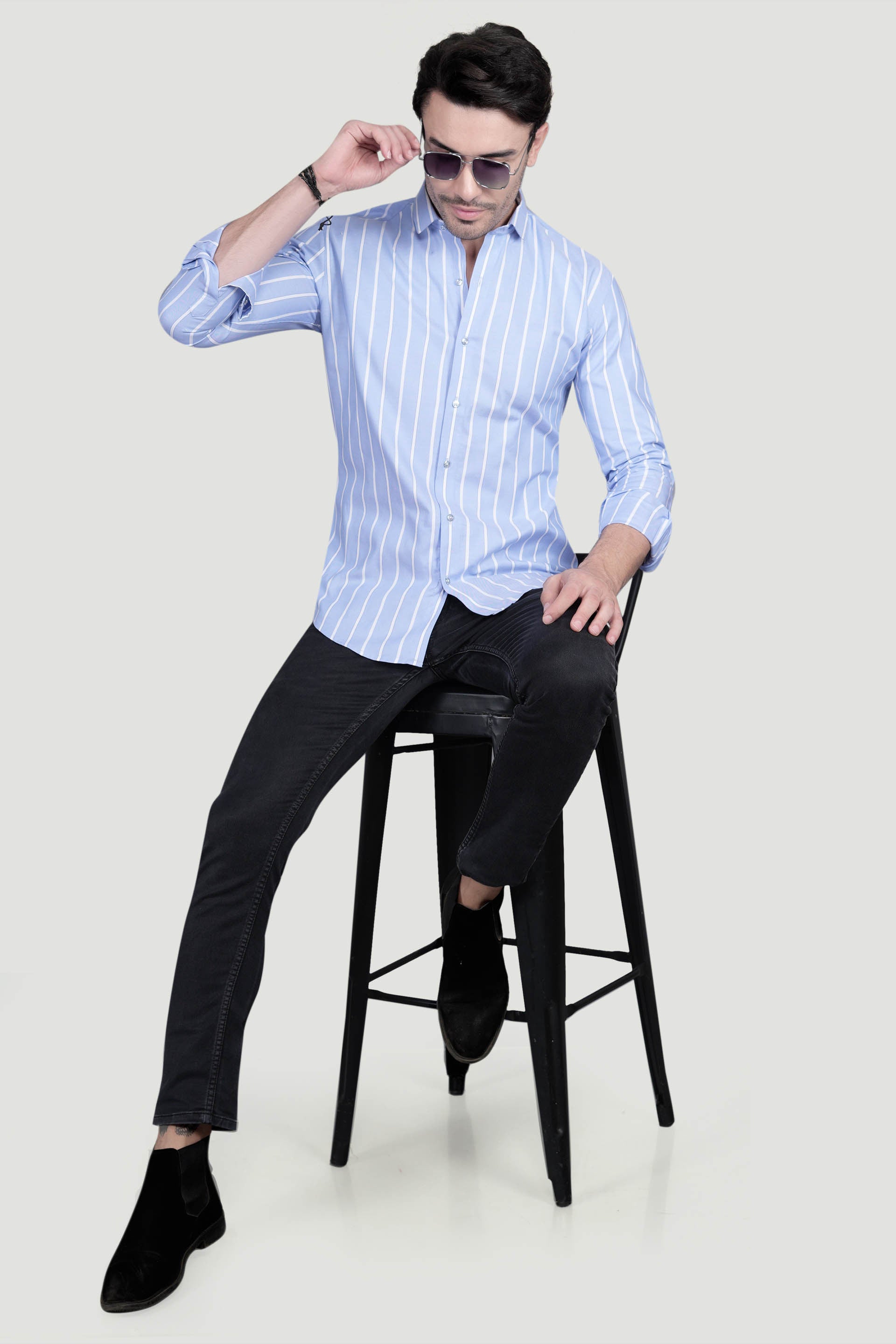 Aurel Light Blue Cotton Striped Shirt