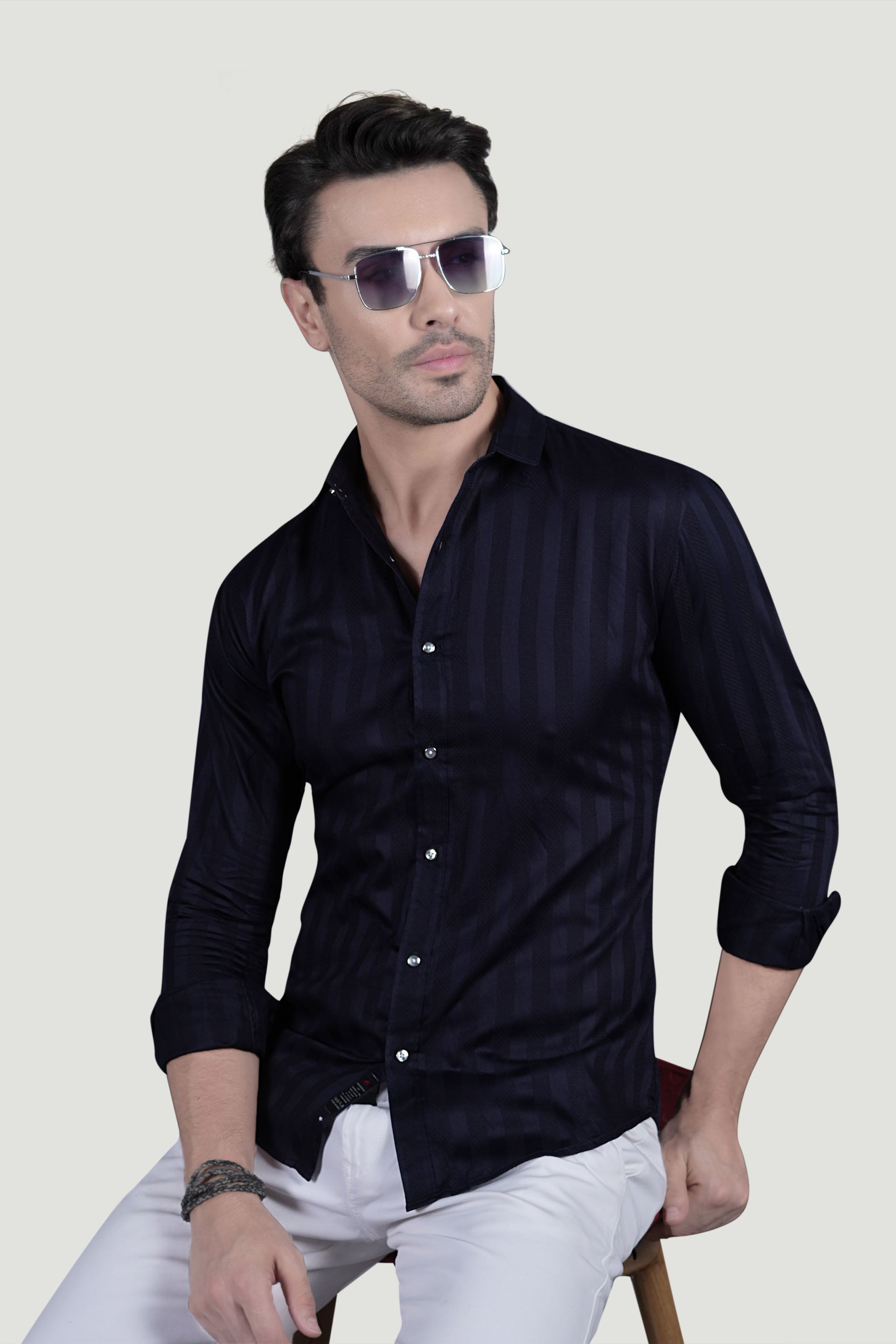 Bruno Navy Blue Cotton Striped Shirt