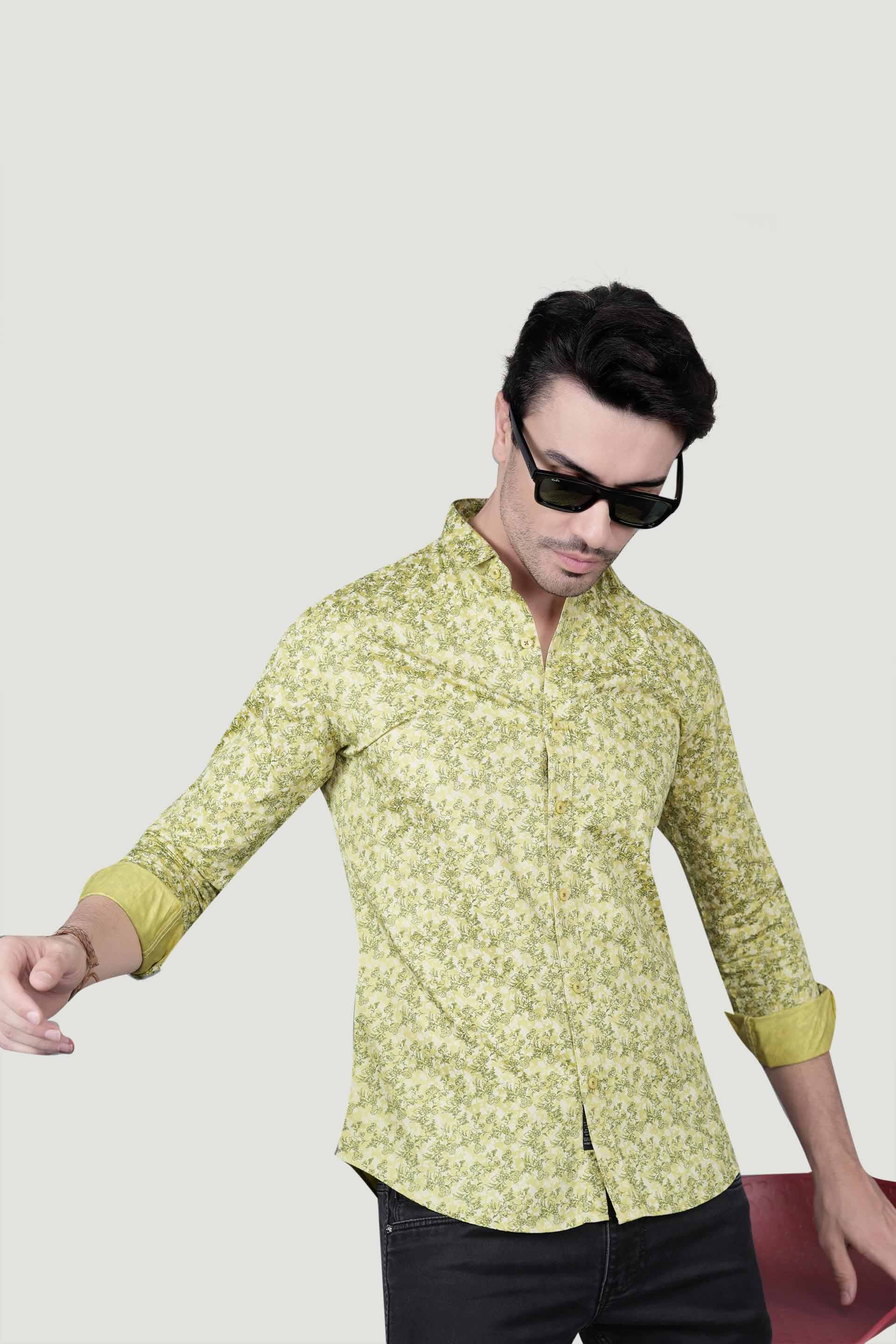 Oskar Yellow Cotton Floral Printed Shirt