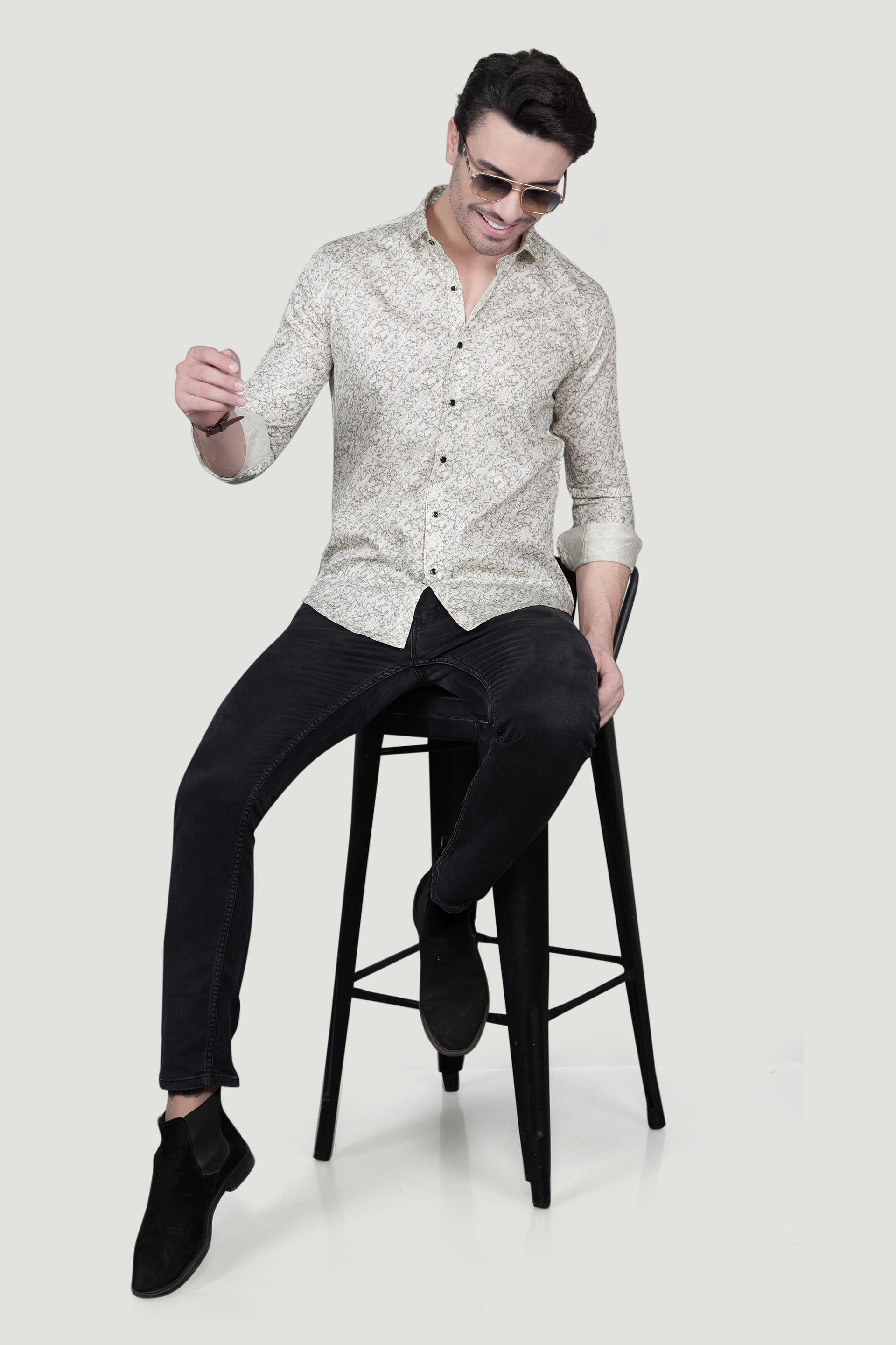 Simon Cream Cotton Printed Shirt