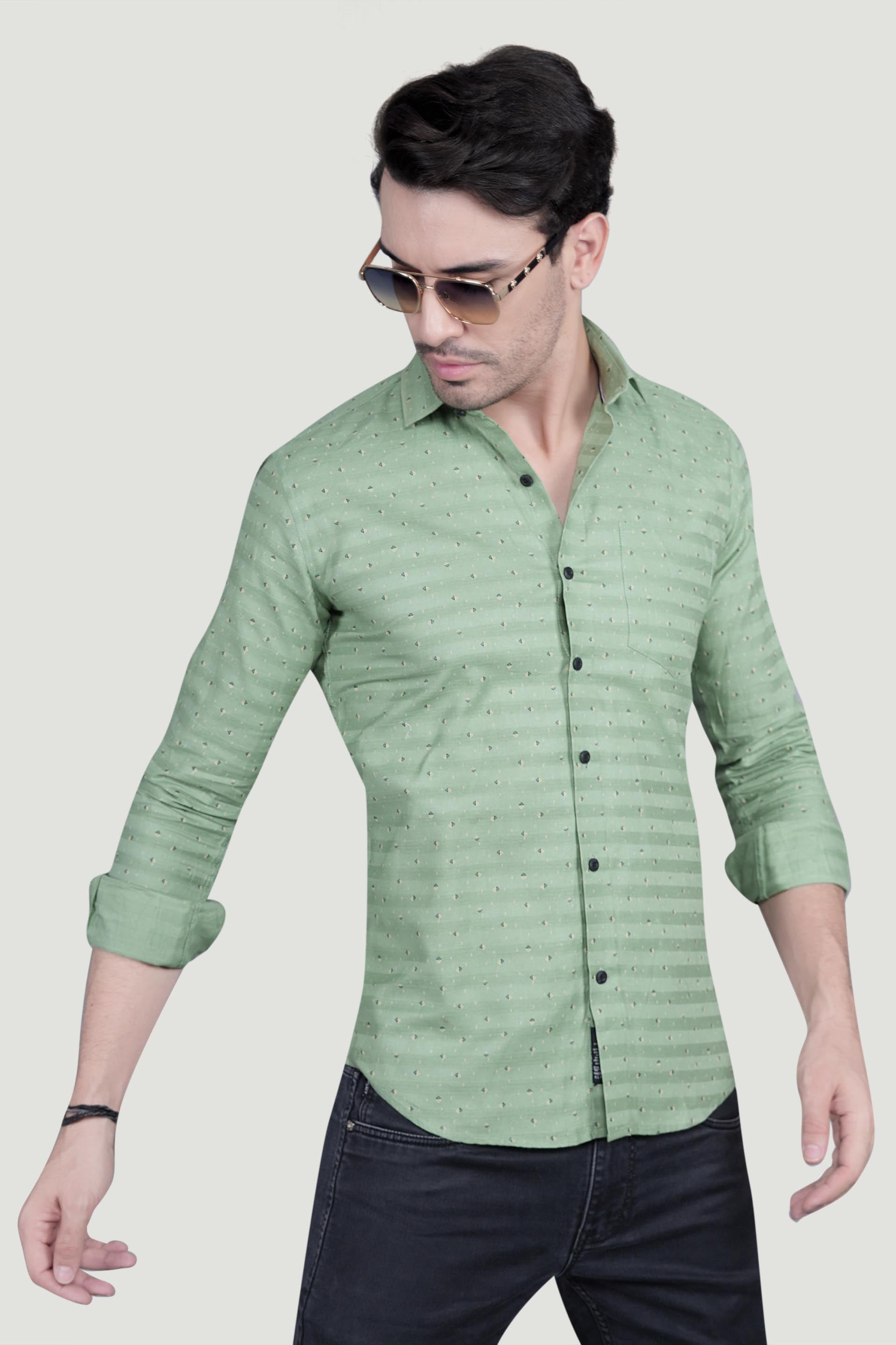 Xavier Green Cotton Striped Shirt