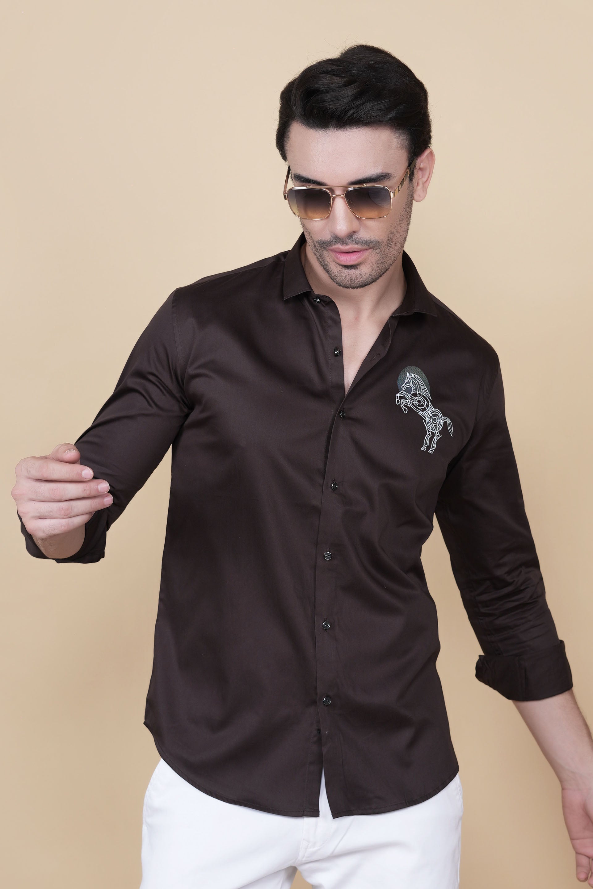 Sami Brown Cotton Horse Print Solid Shirt