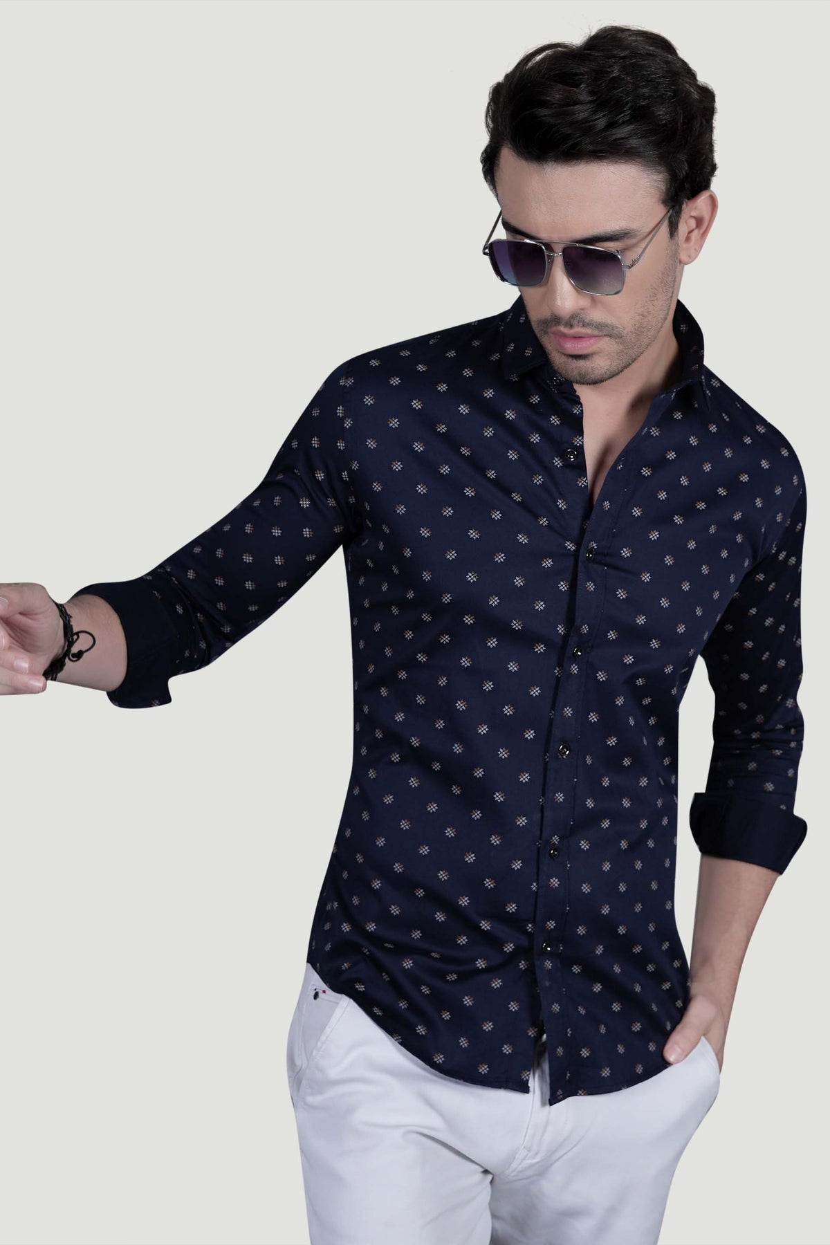 Fabio Navy Blue Cotton Printed Shirt