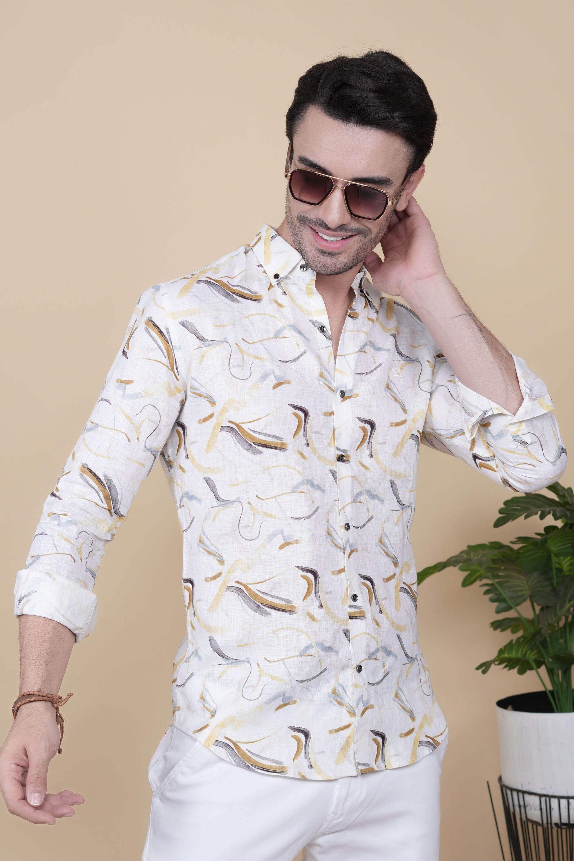 Odor White Linen Printed Shirt