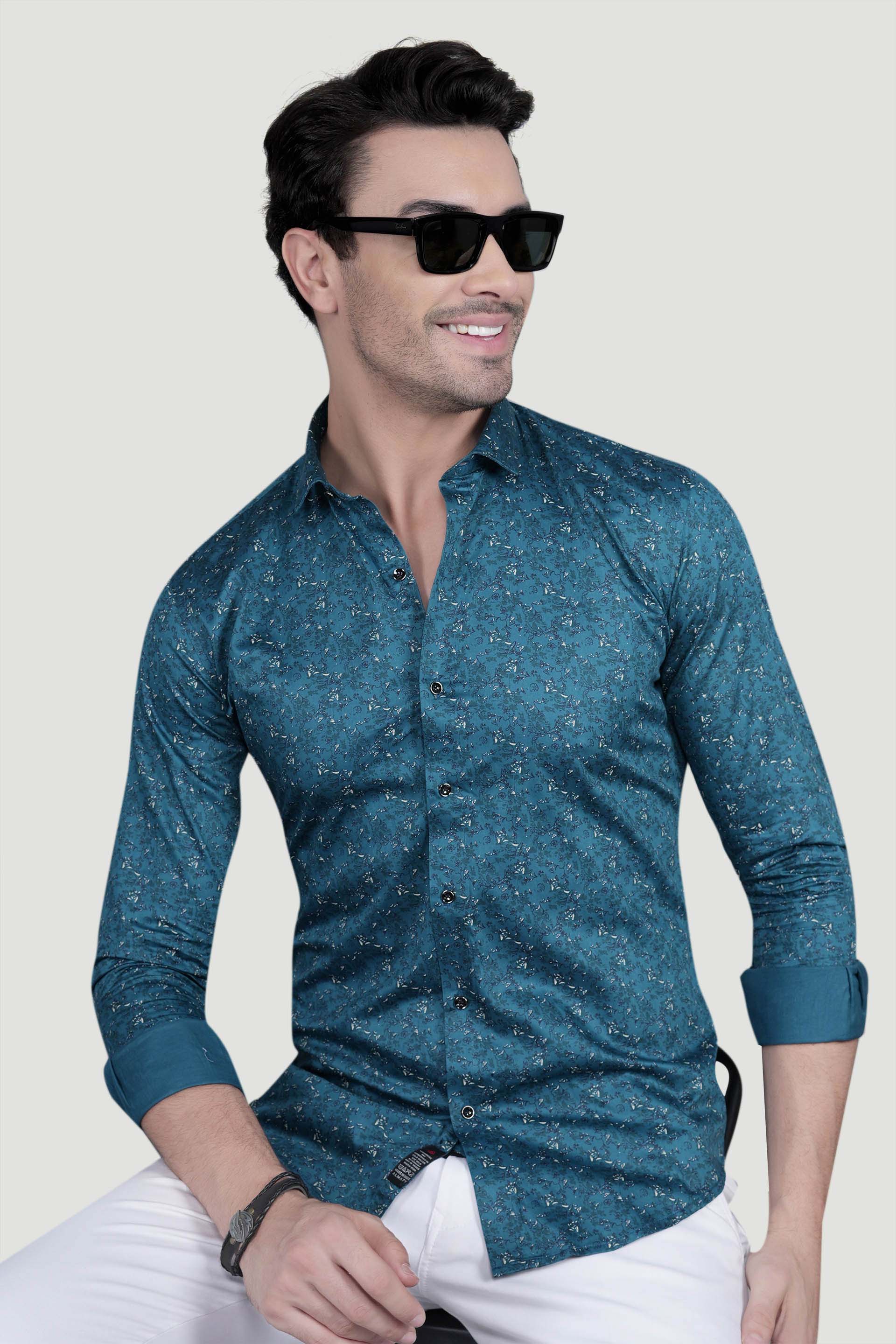 Ciaran Teal Blue Cotton Floral Printed Shirt