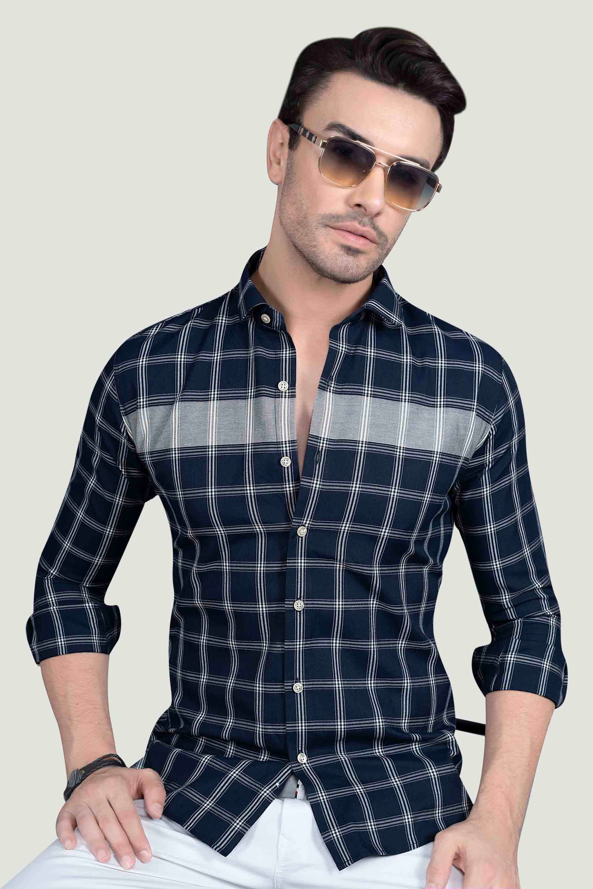 Nelson Navy Blue Cotton Checked Shirt
