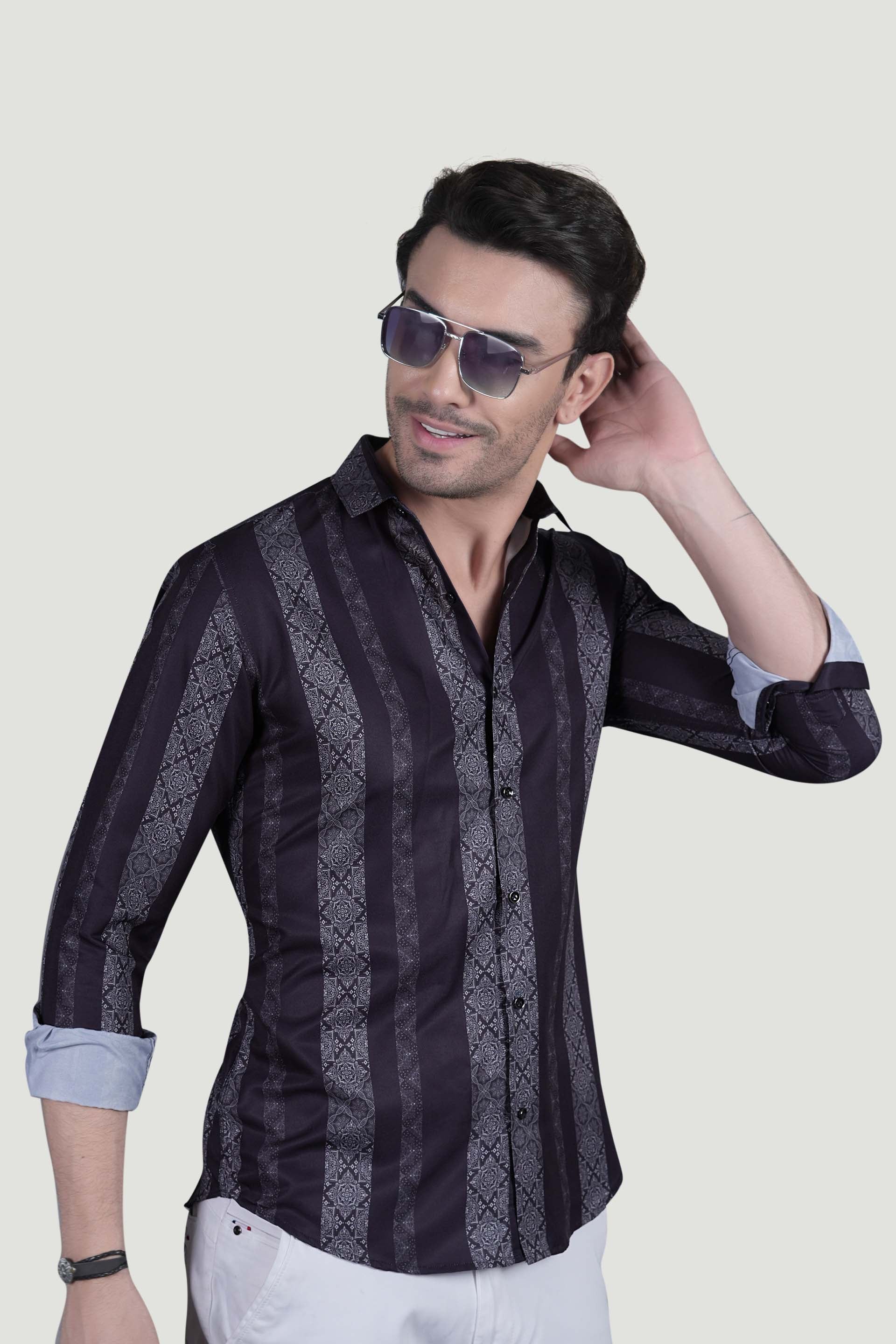 Roman Navy Blue Striped Printed Shirt