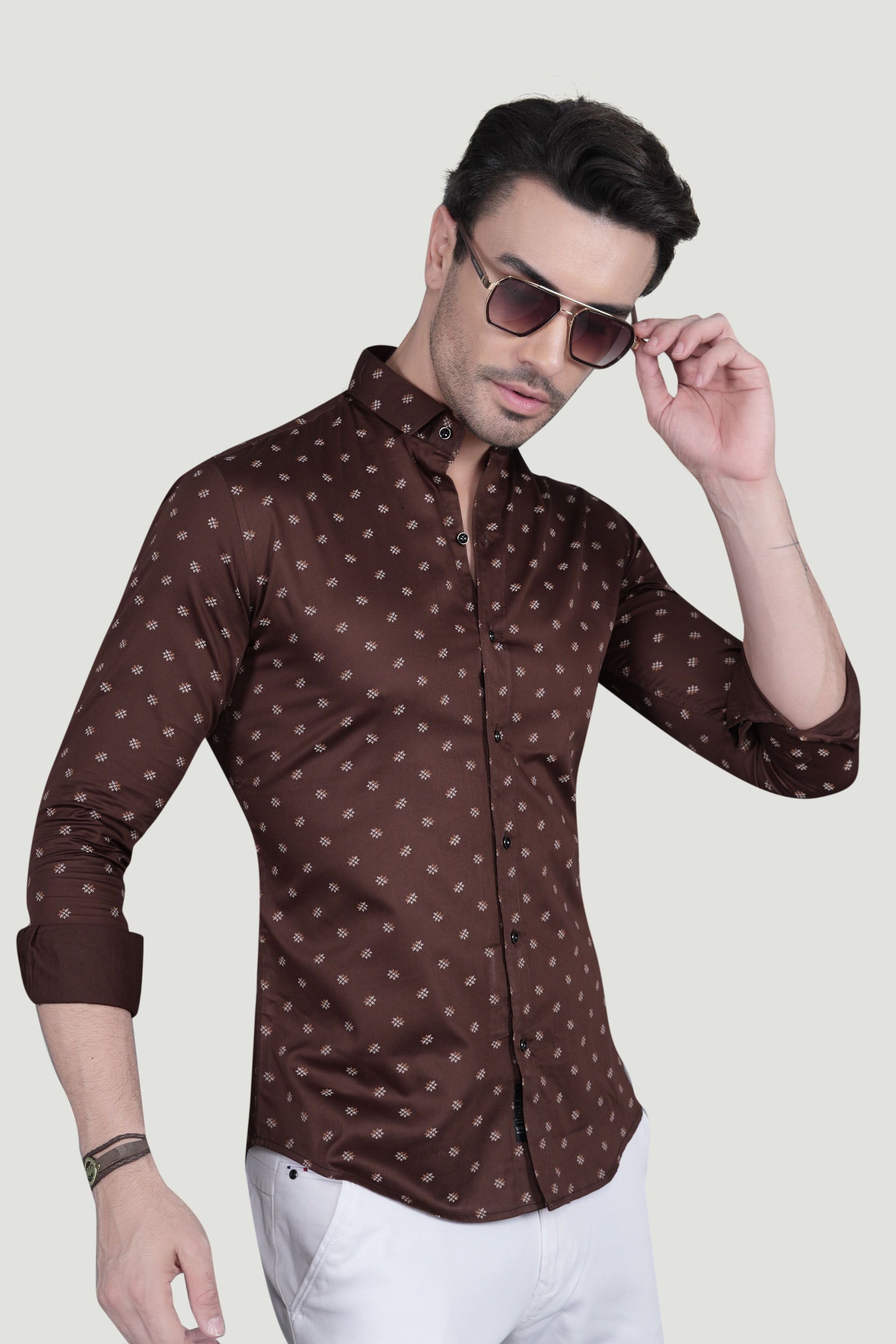Stefan Brown Cotton Printed Shirt