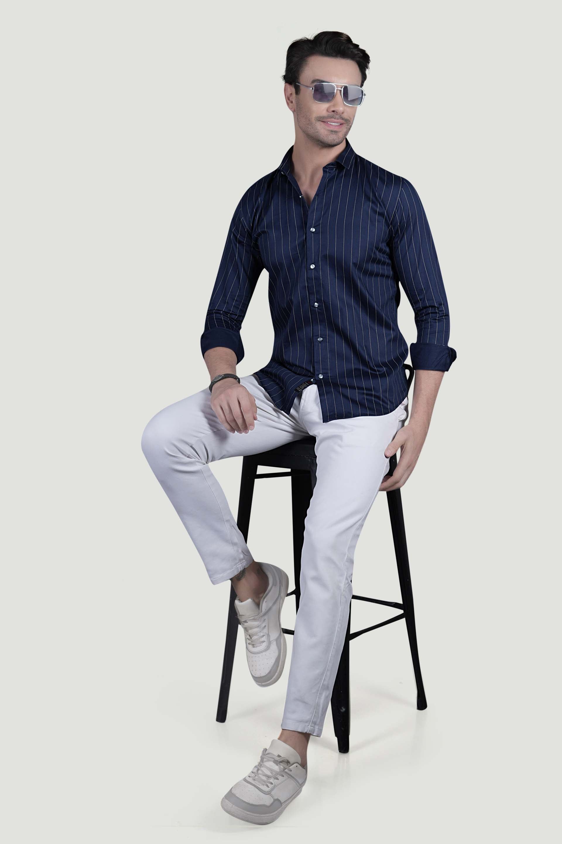 Alvar Navy Blue Cotton Striped Shirt