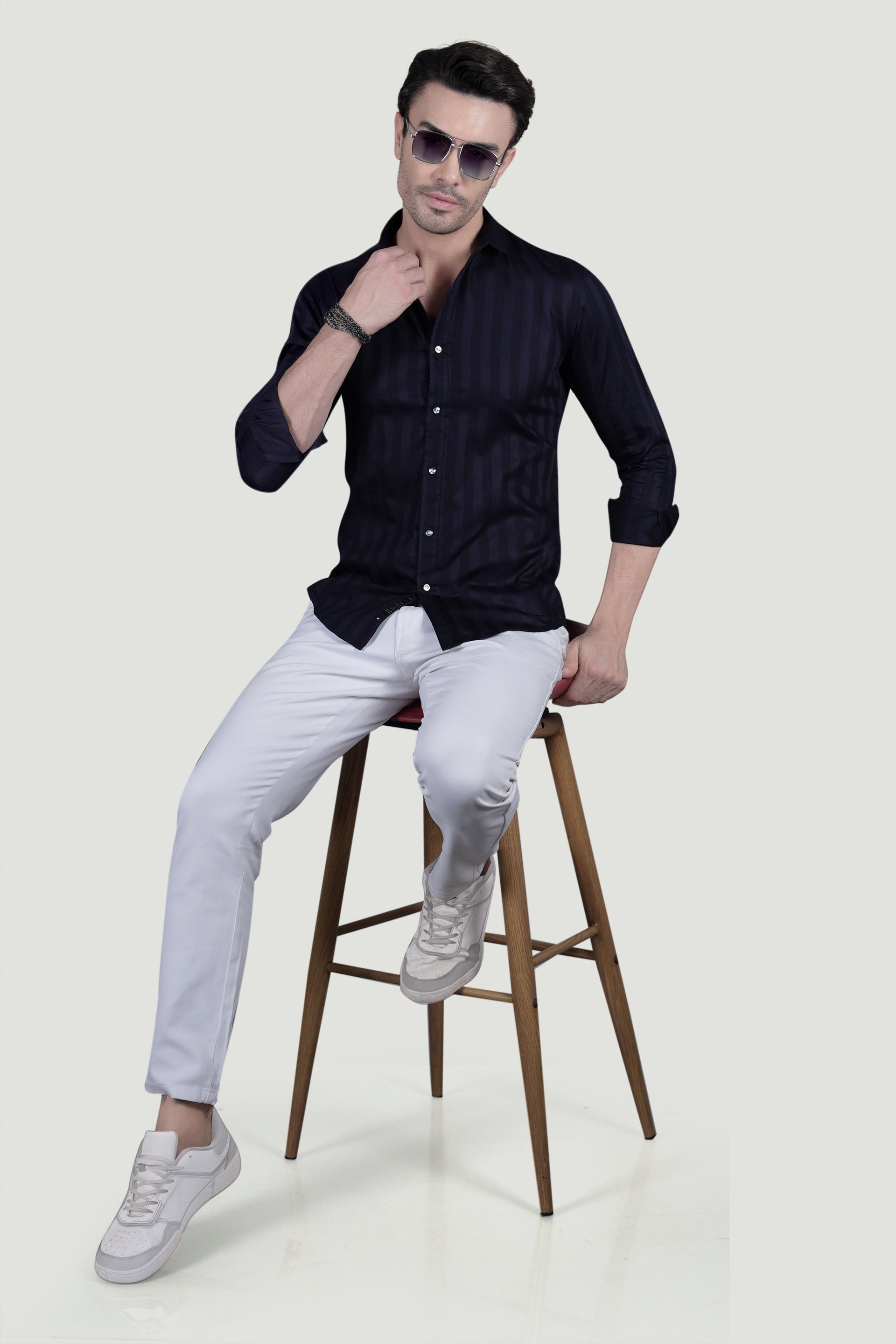 Bruno Navy Blue Cotton Striped Shirt