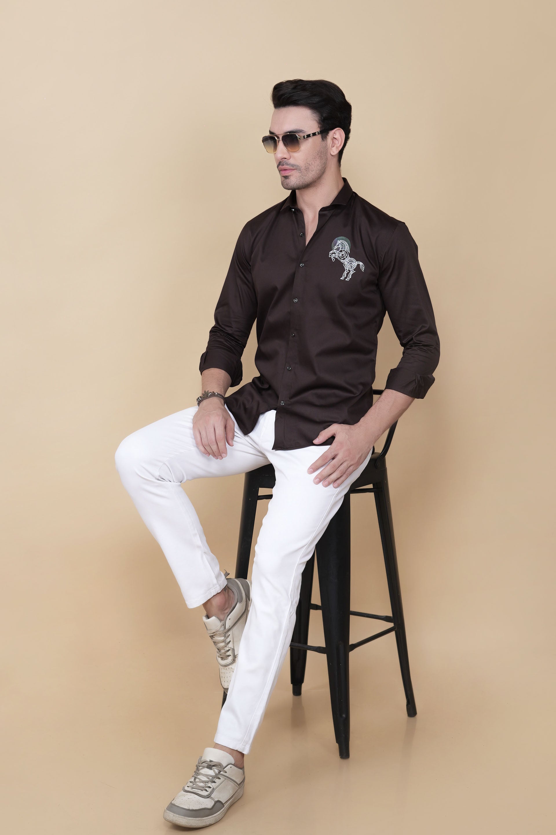 Sami Brown Cotton Horse Print Solid Shirt