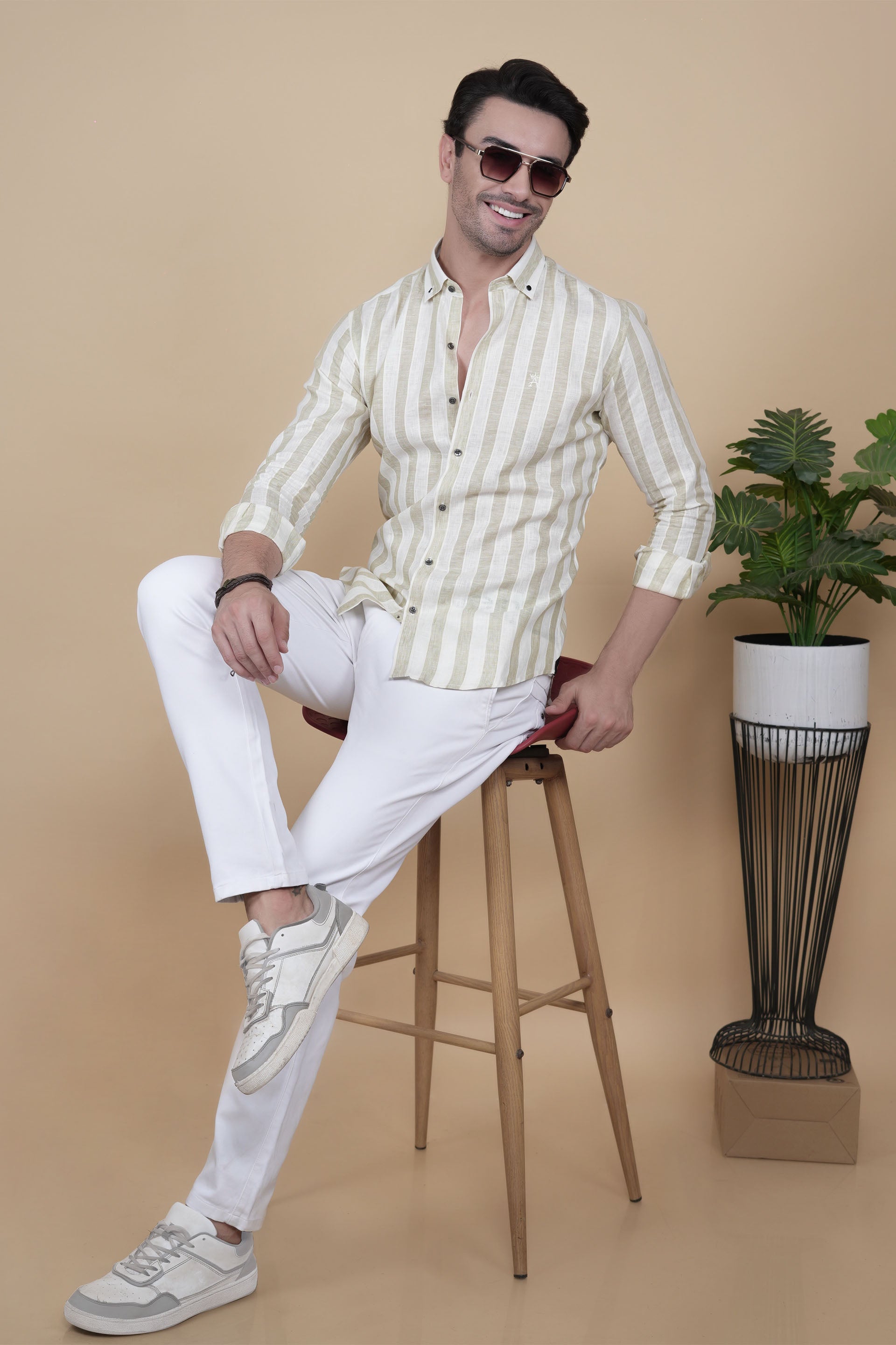 Aksel Cream Linen Striped Shirt