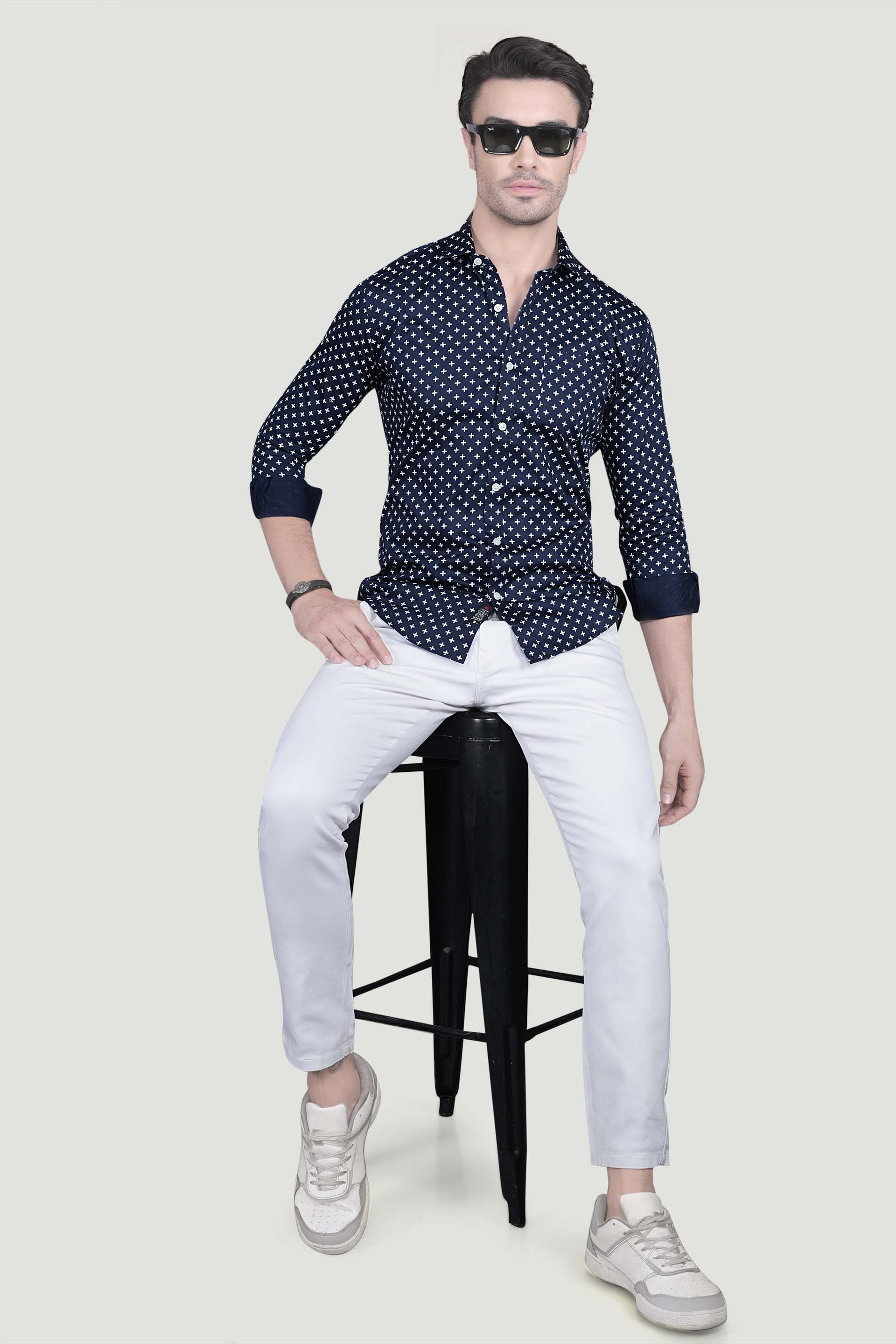 Platon Navy Blue Cotton Printed Shirt
