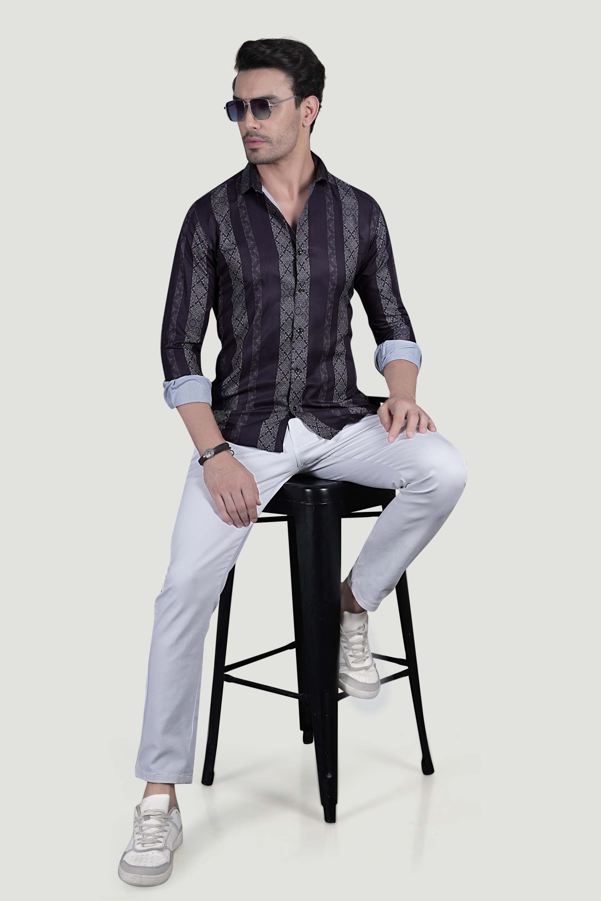 Roman Navy Blue Striped Printed Shirt