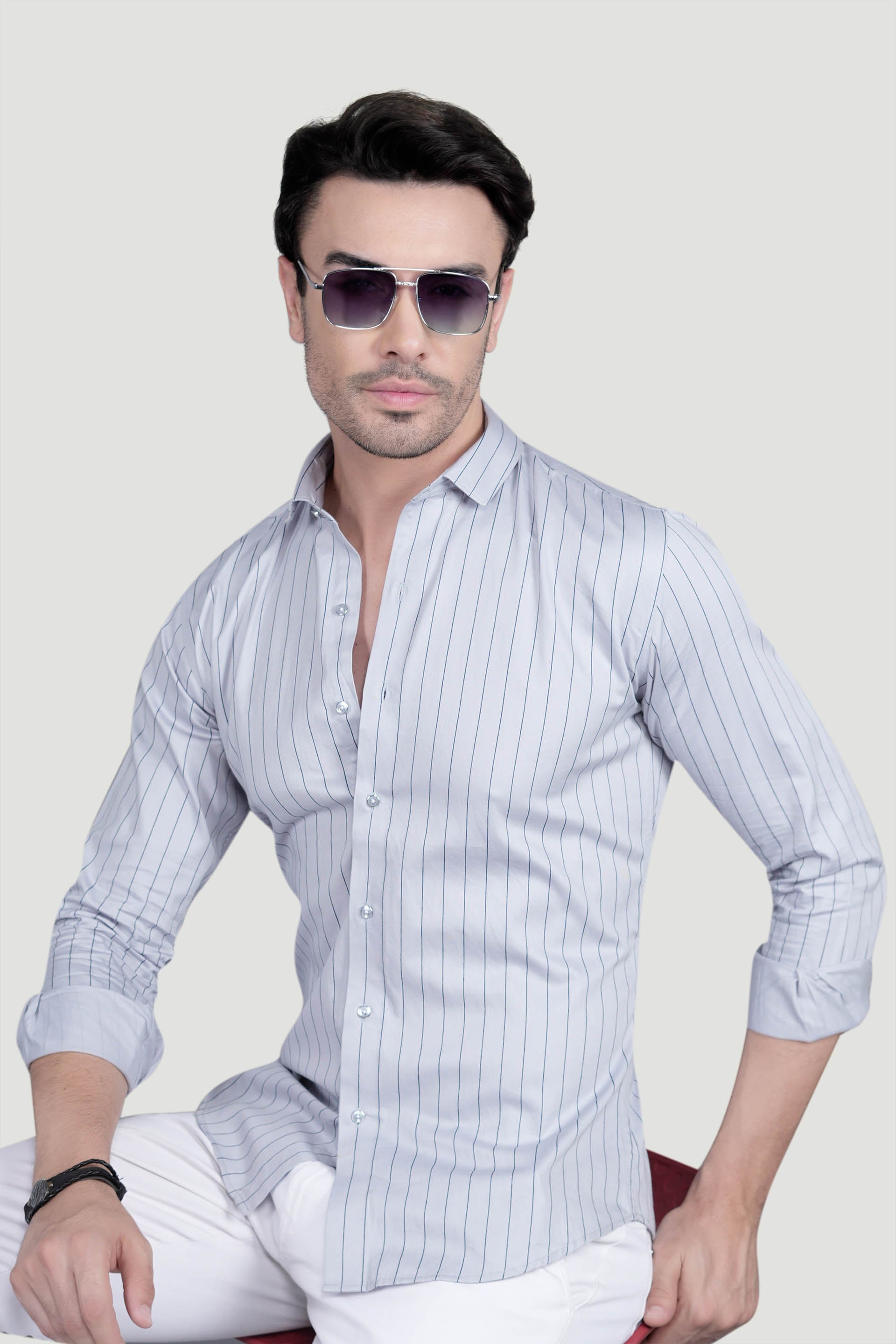 Noel Grey Cotton Striped Shirt
