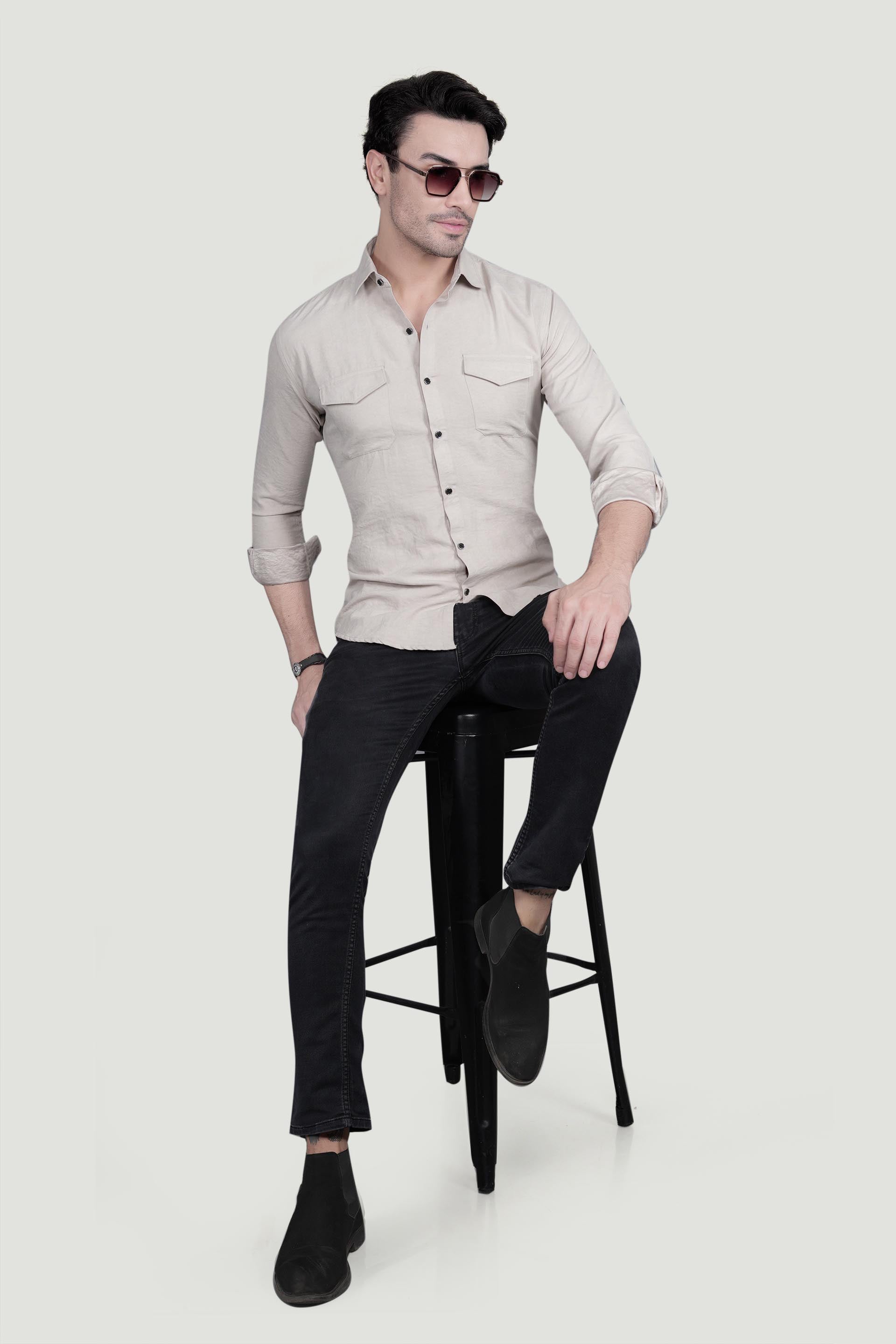 Abel Cream Suede Double Pocket Solid Shirt