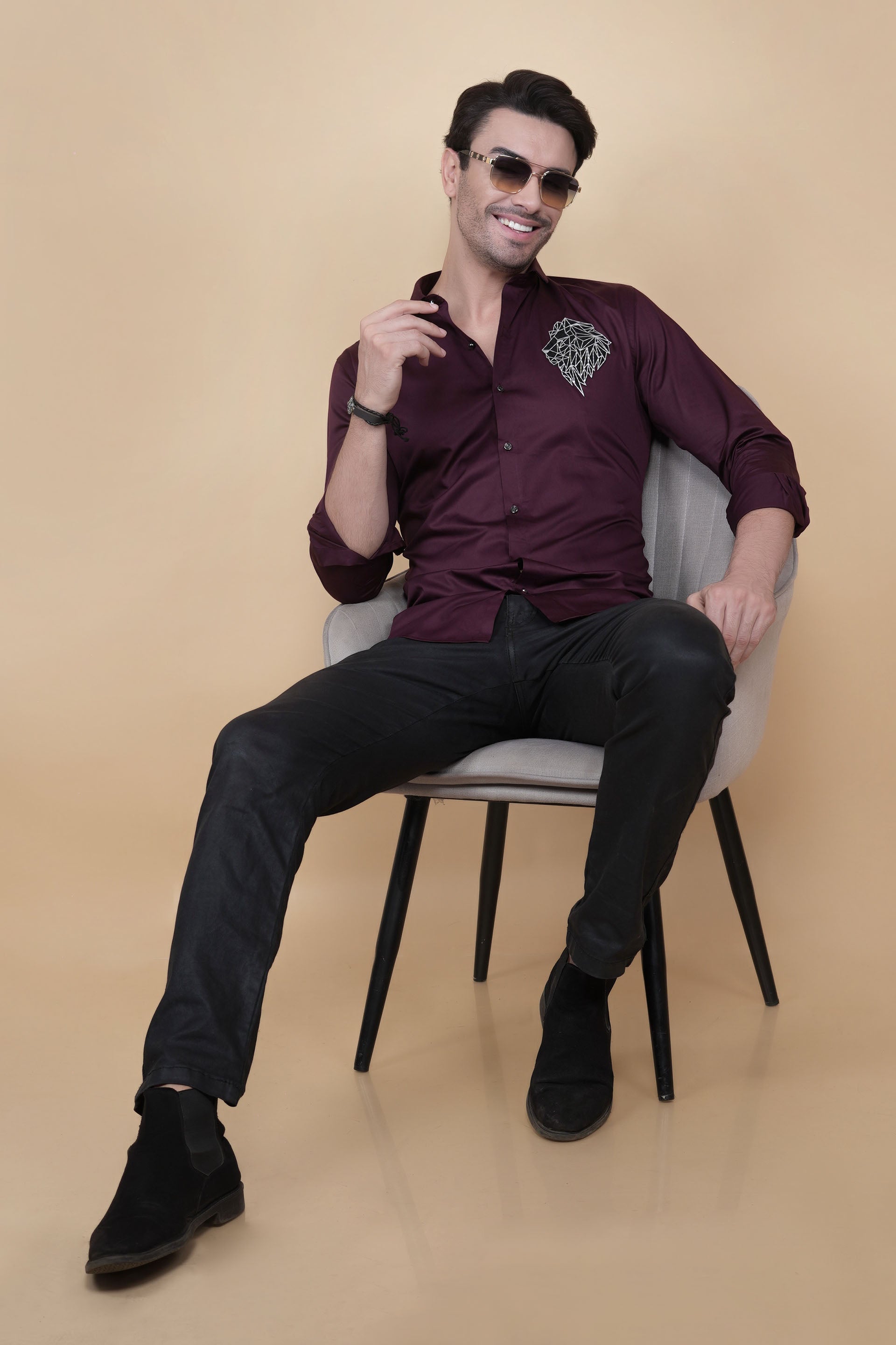 Lion Maroon Cottton Solid Shirt