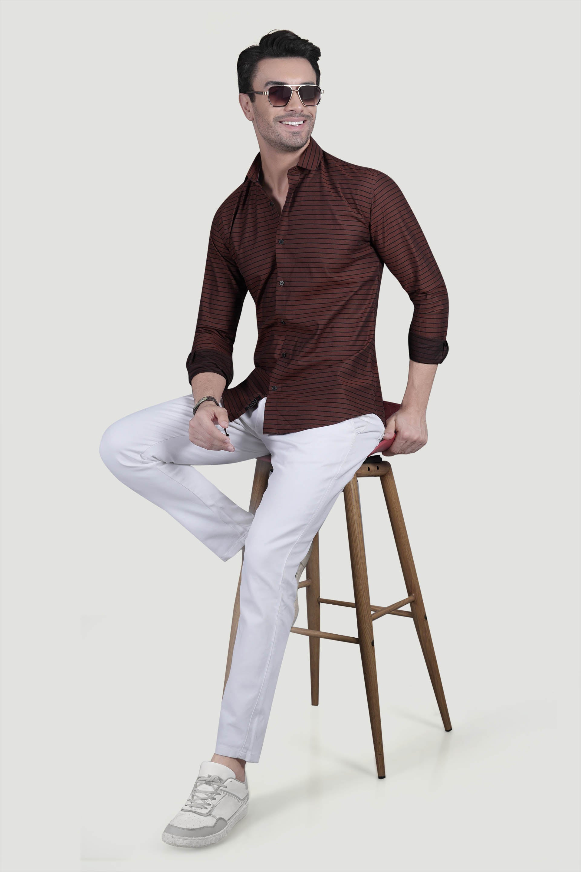 Kian Brown Cotton Striped Shirt