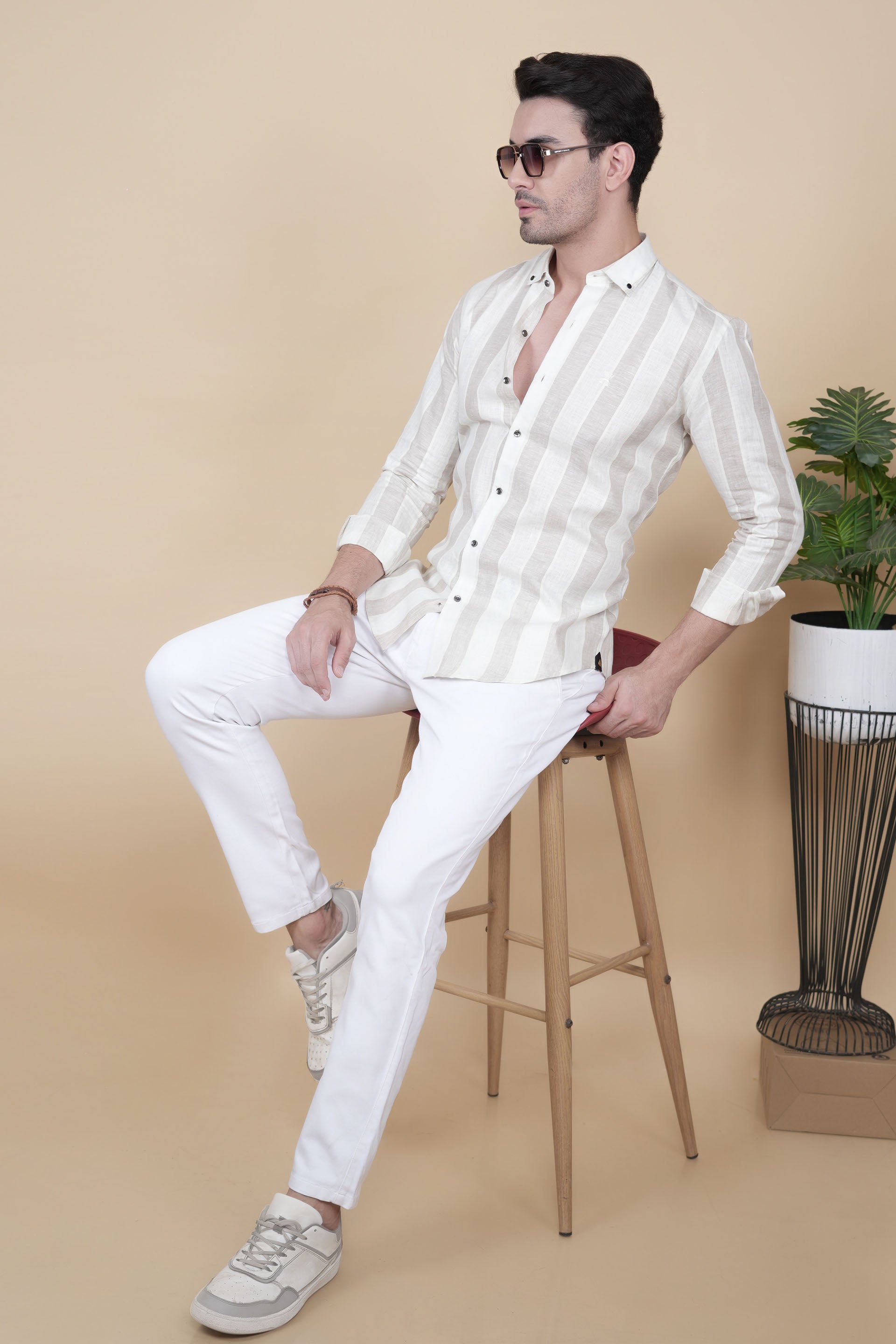 Jerzy Cream Linen Striped Shirt