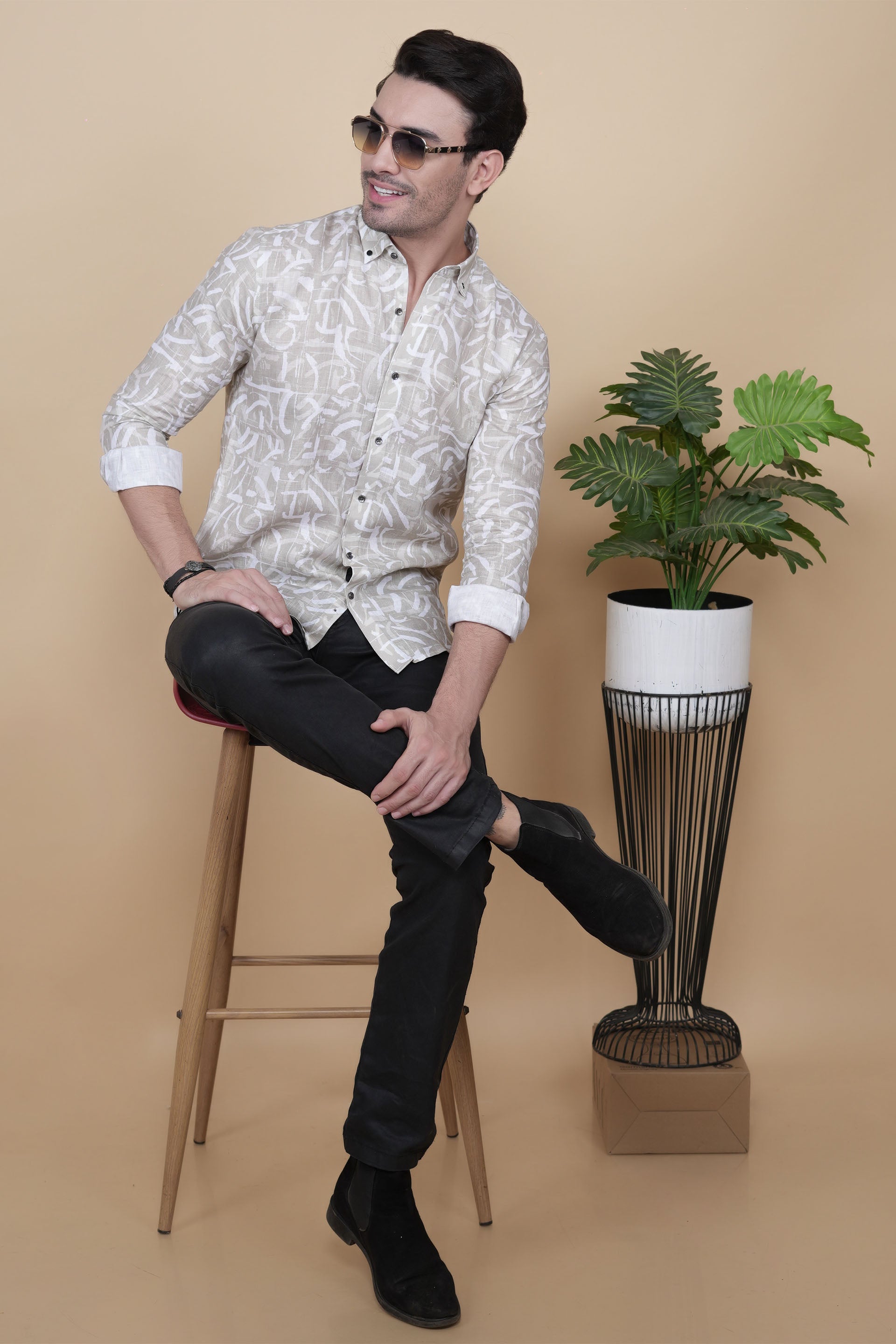 Emre Cream Linen Printed Shirt