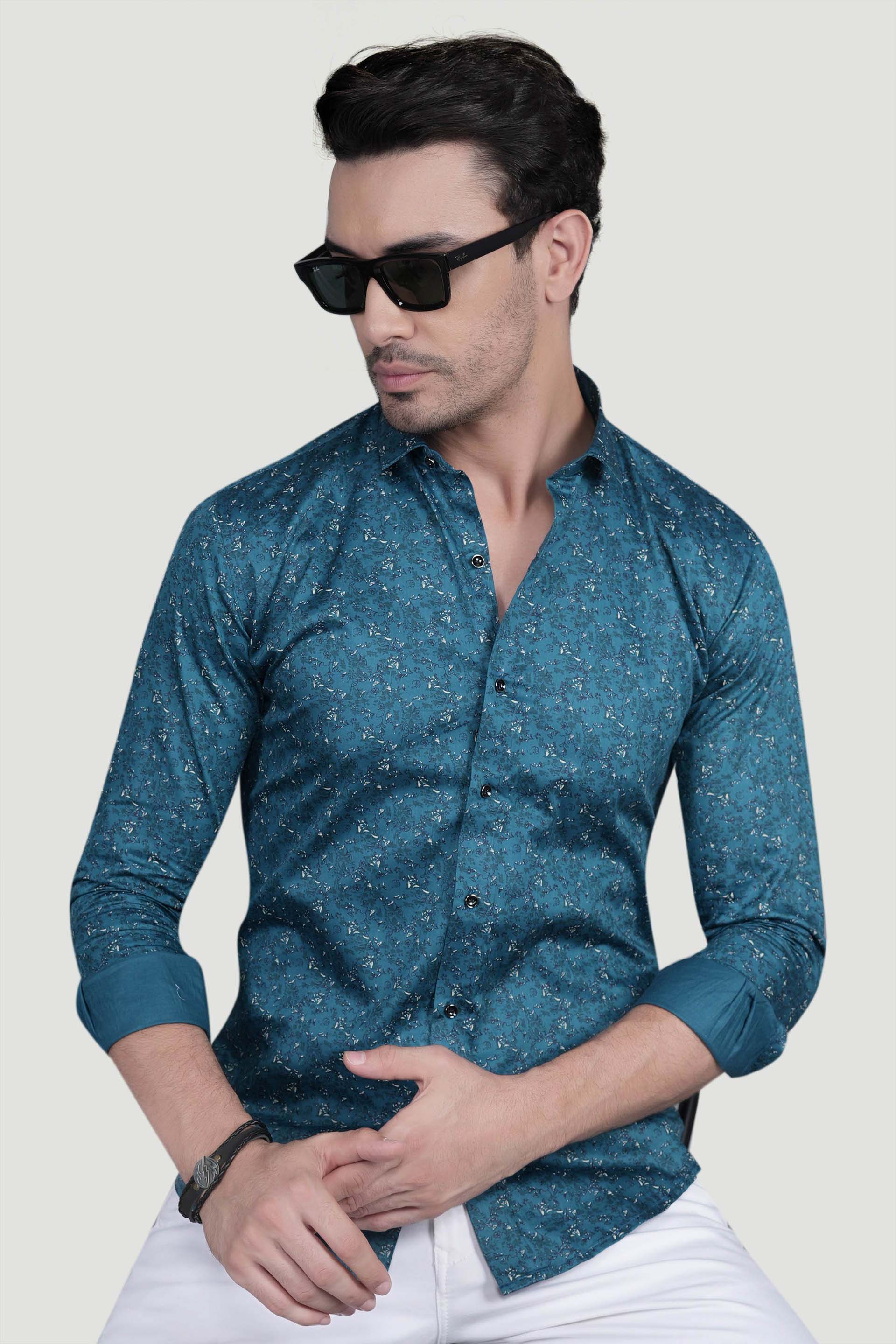Ciaran Teal Blue Cotton Floral Printed Shirt