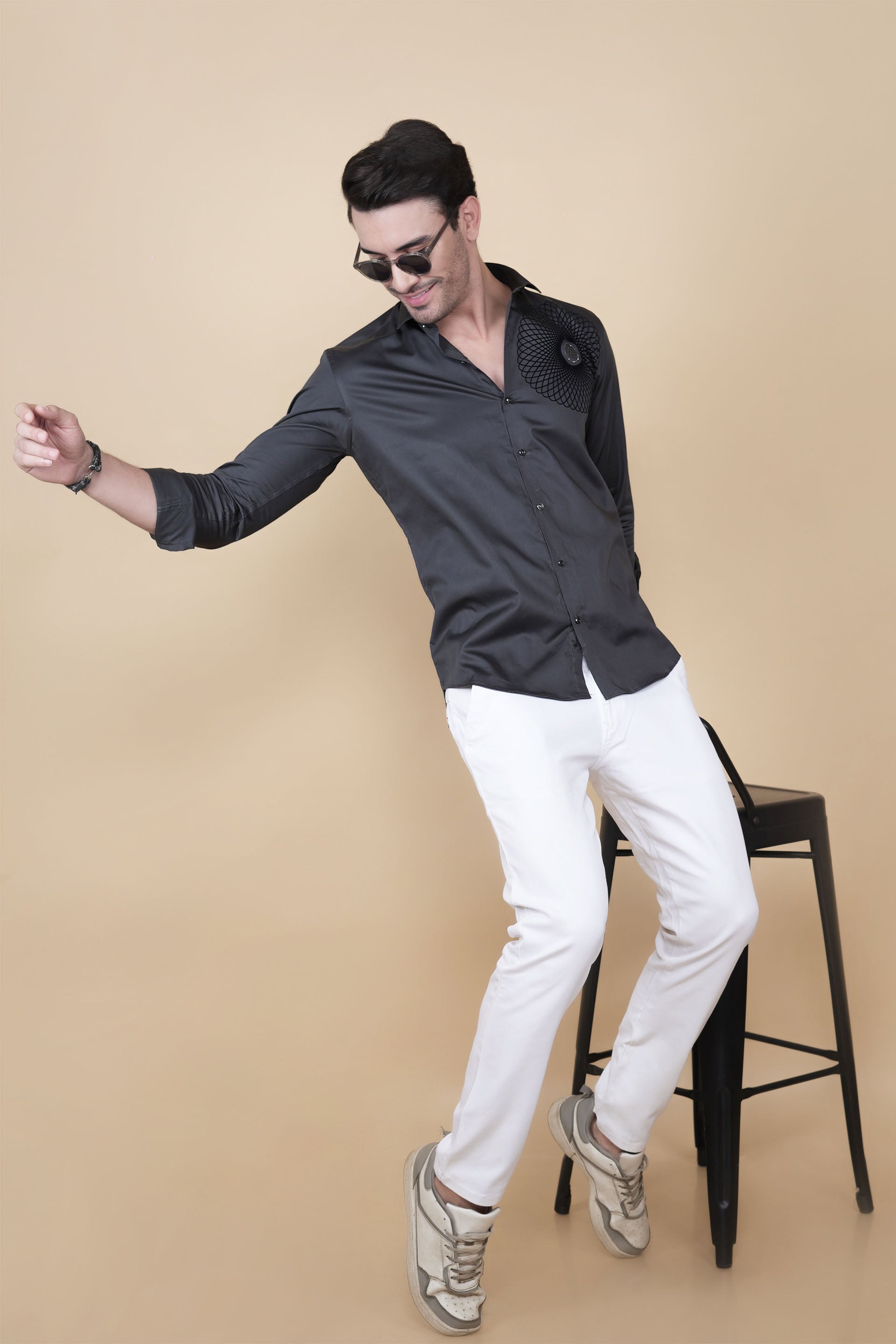 Marcello Grey Cotton Solid Embroidery Shirt