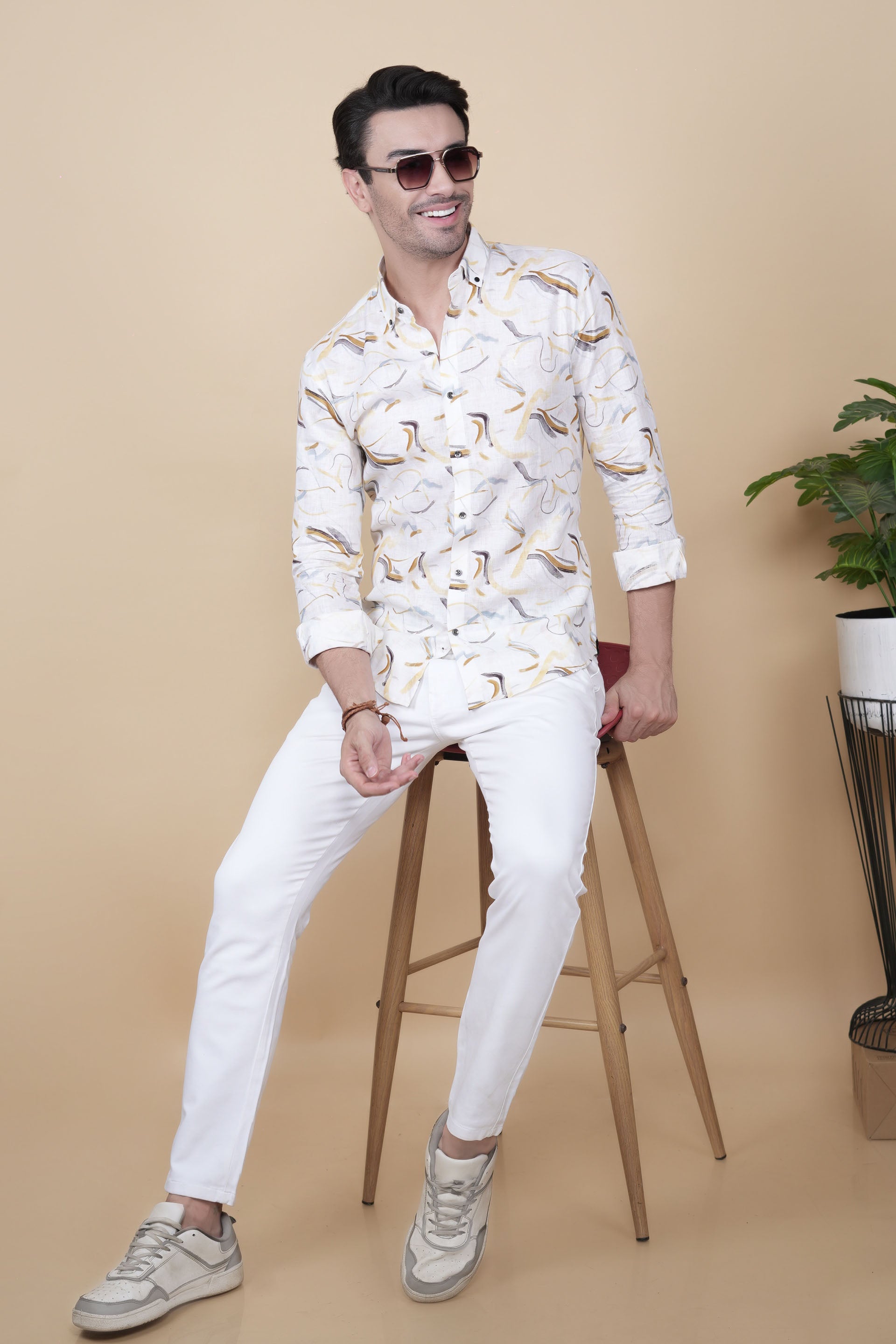 Odor White Linen Printed Shirt