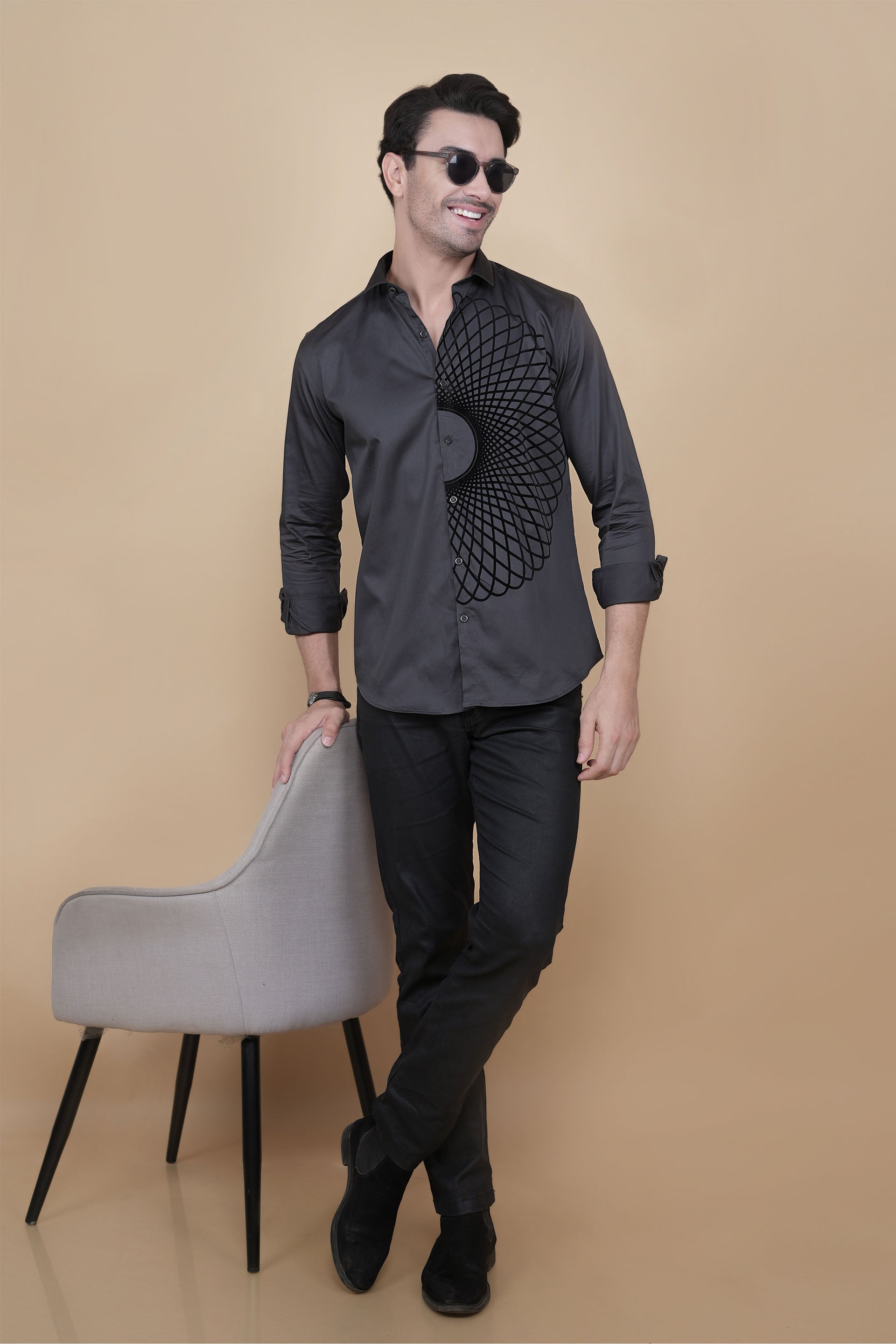 Matej Grey Cotton Solid Embroidery Shirt