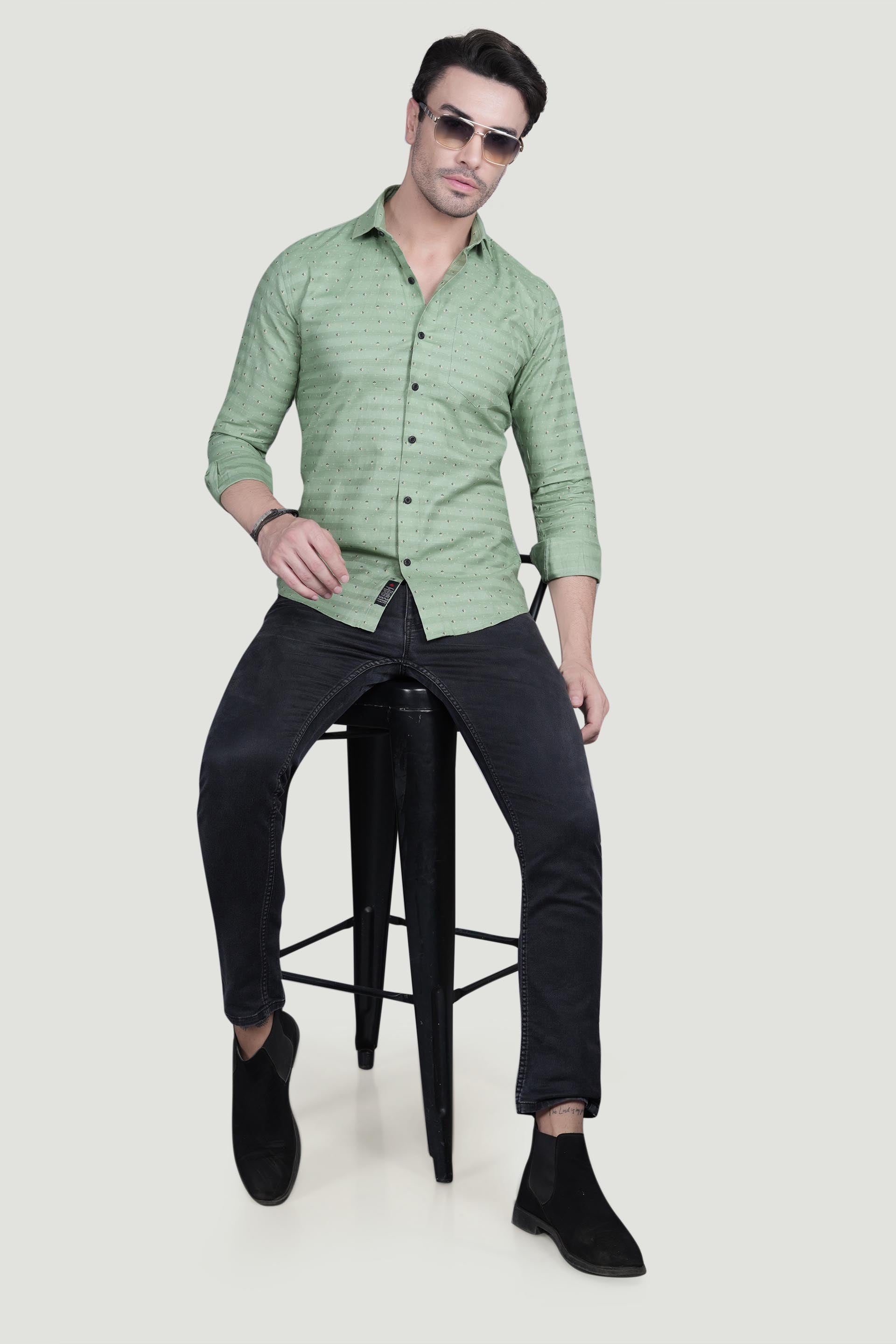Xavier Green Cotton Striped Shirt