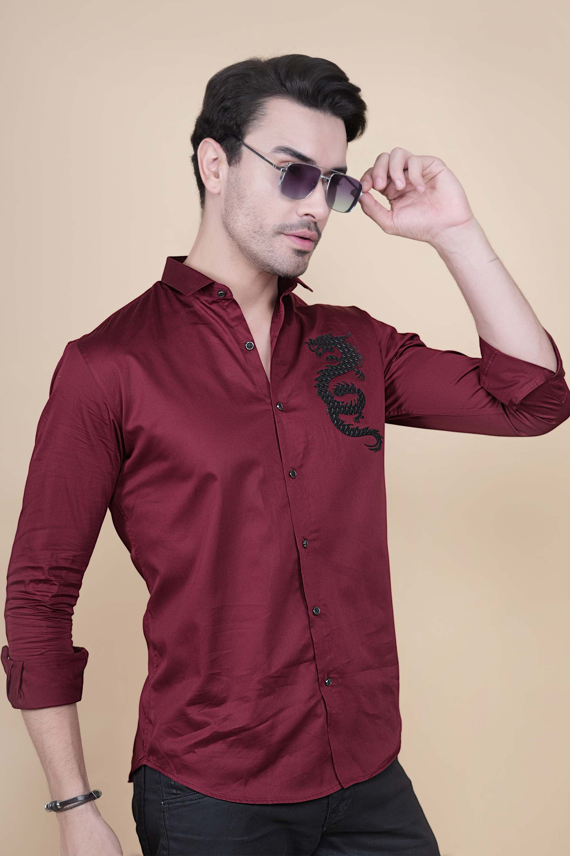 Dragon Maroon Cotton Solid Shirt