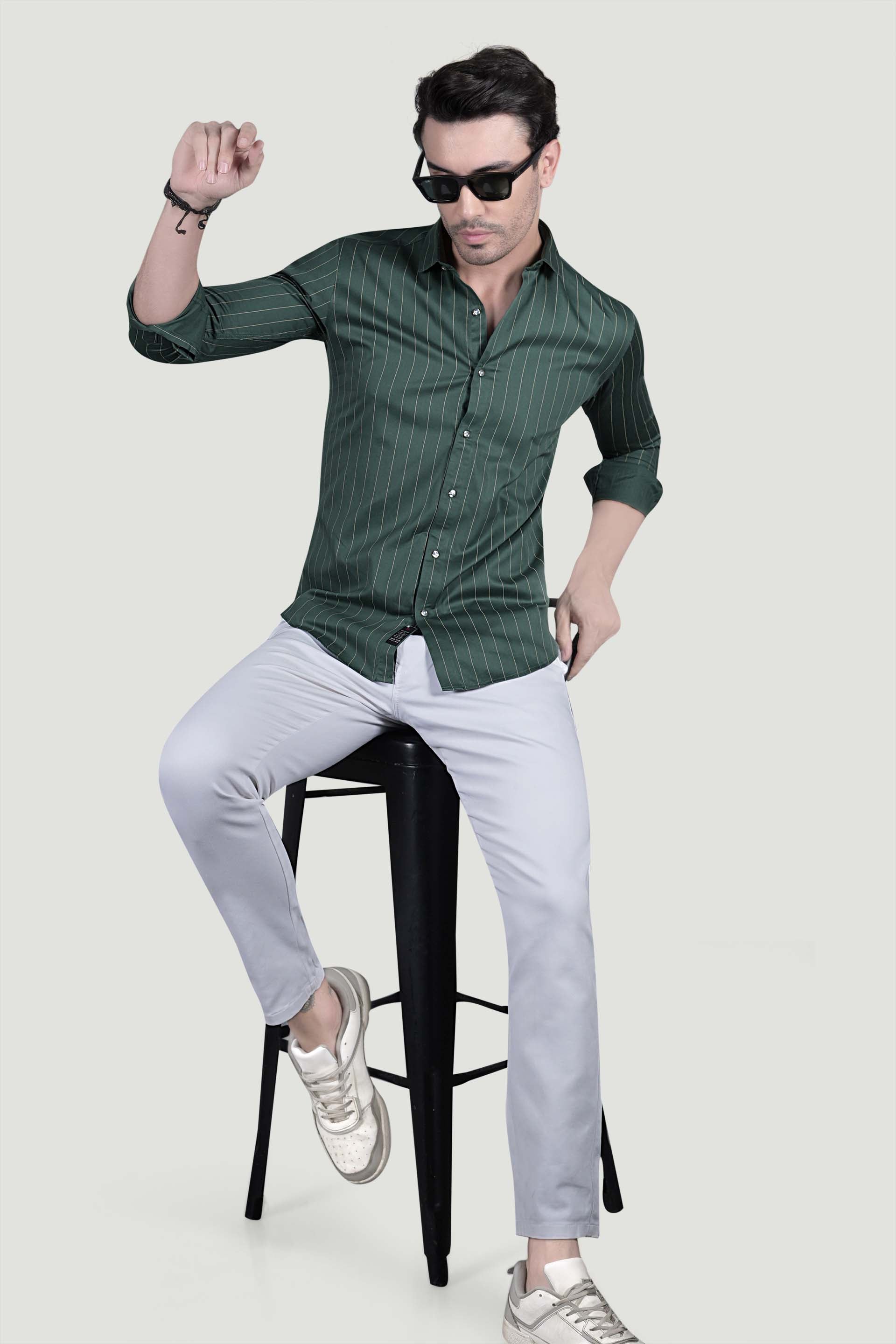 Henrik Green Cotton Striped Shirt