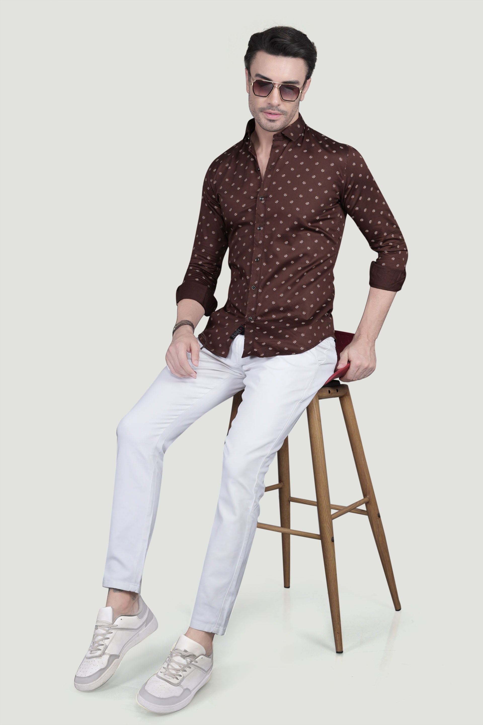 Stefan Brown Cotton Printed Shirt