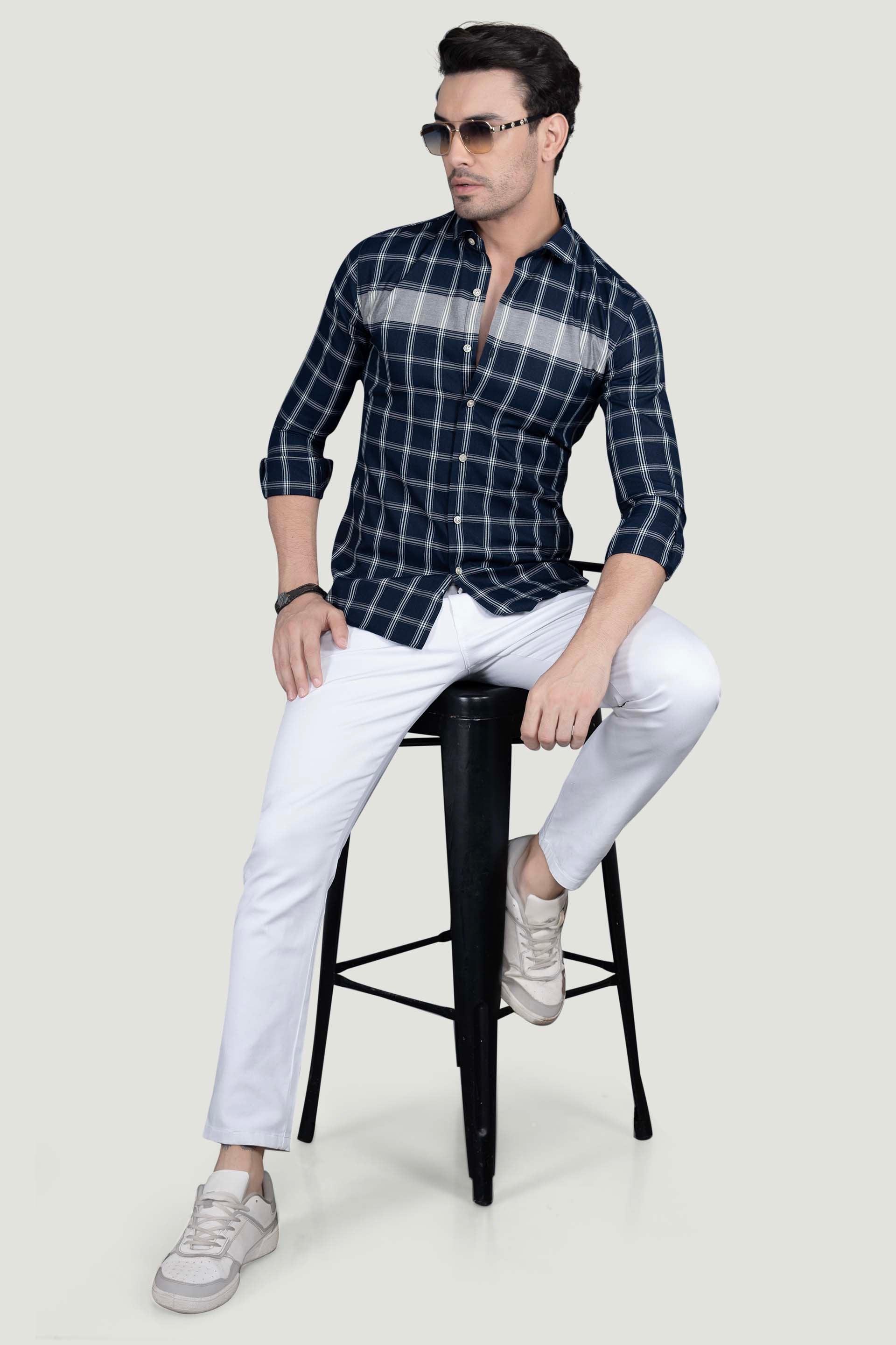 Nelson Navy Blue Cotton Checked Shirt