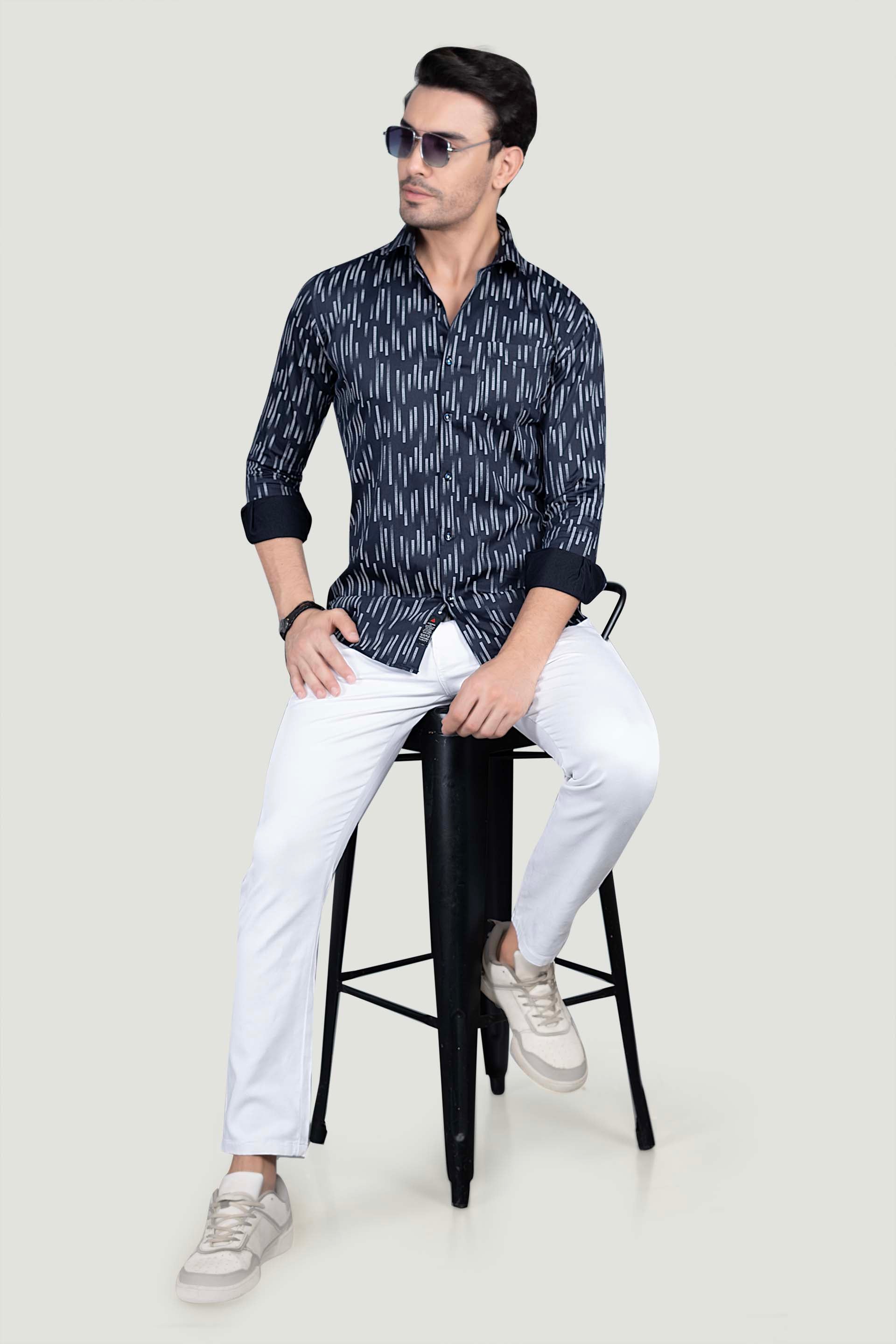 Gibson Navy Blue Cotton Printed Shirt