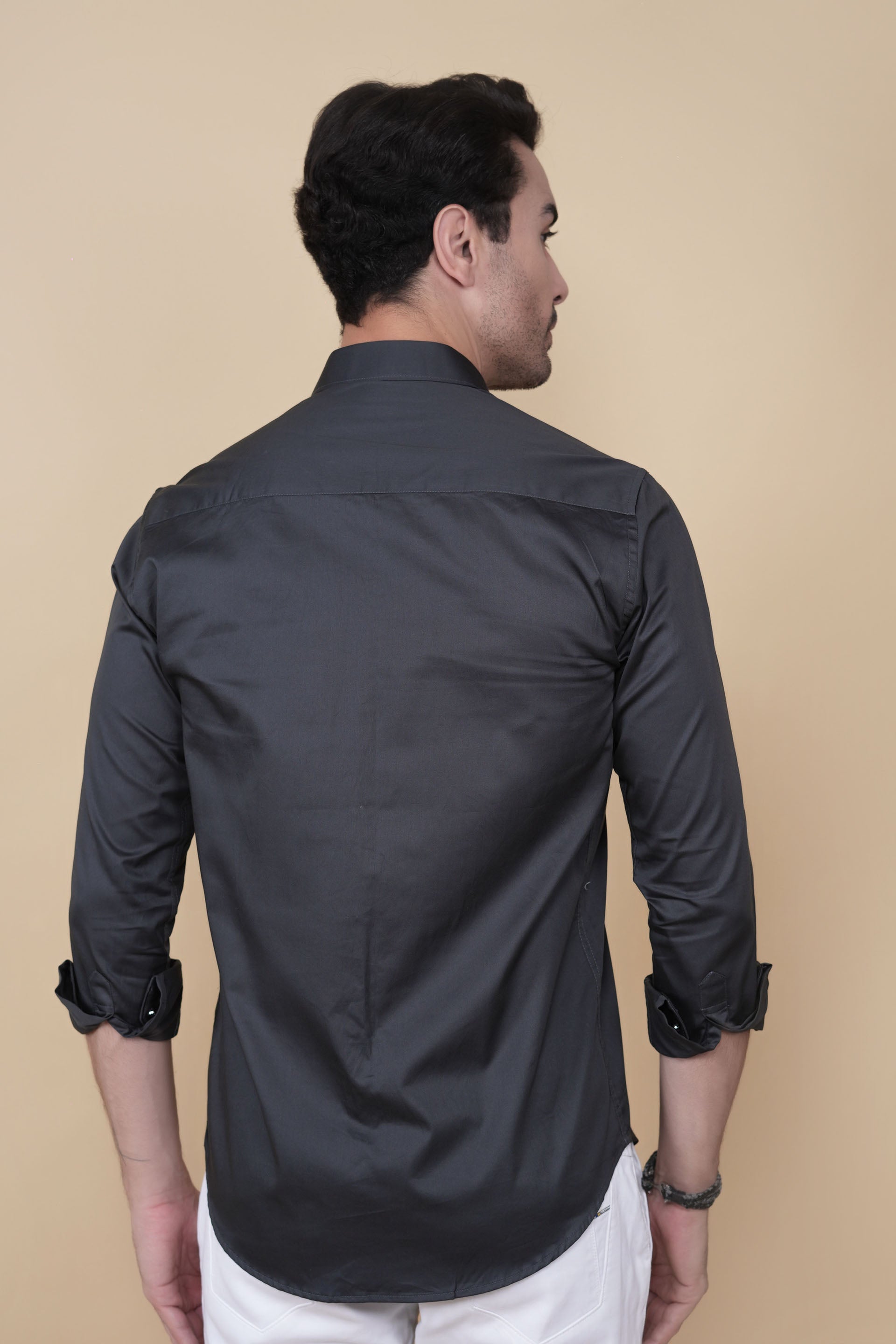 Marcello Grey Cotton Solid Embroidery Shirt