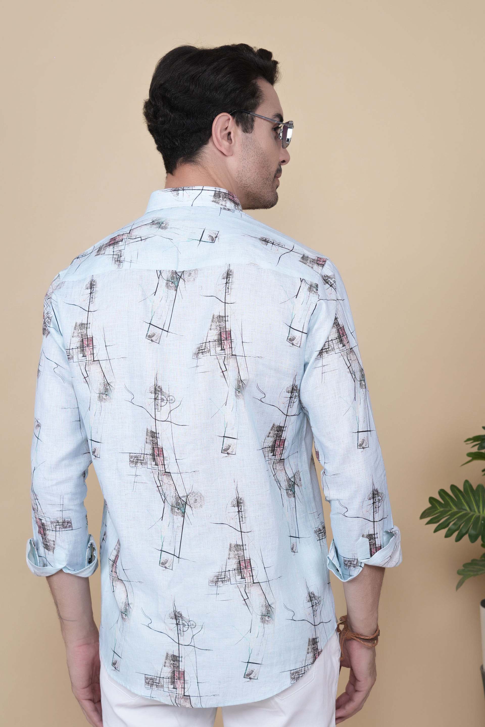 David Light Blue Linen Printed Shirt