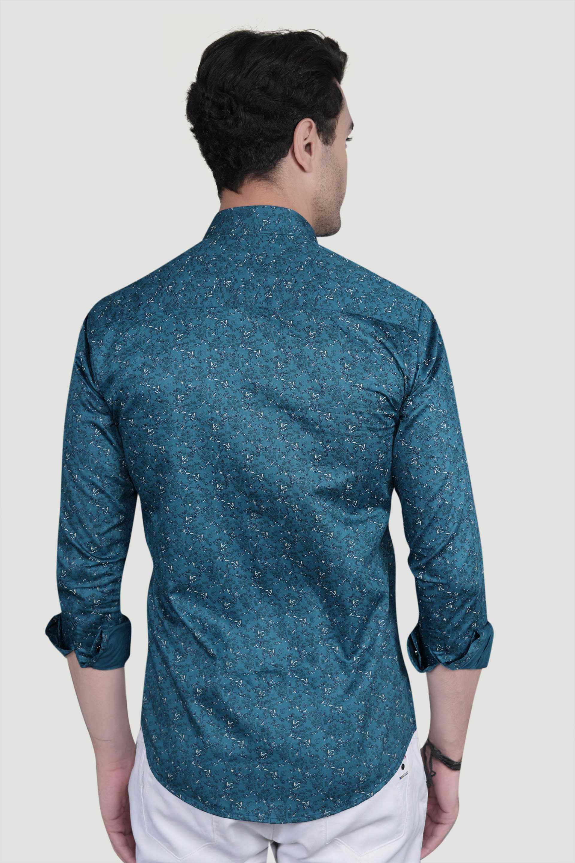 Ciaran Teal Blue Cotton Floral Printed Shirt