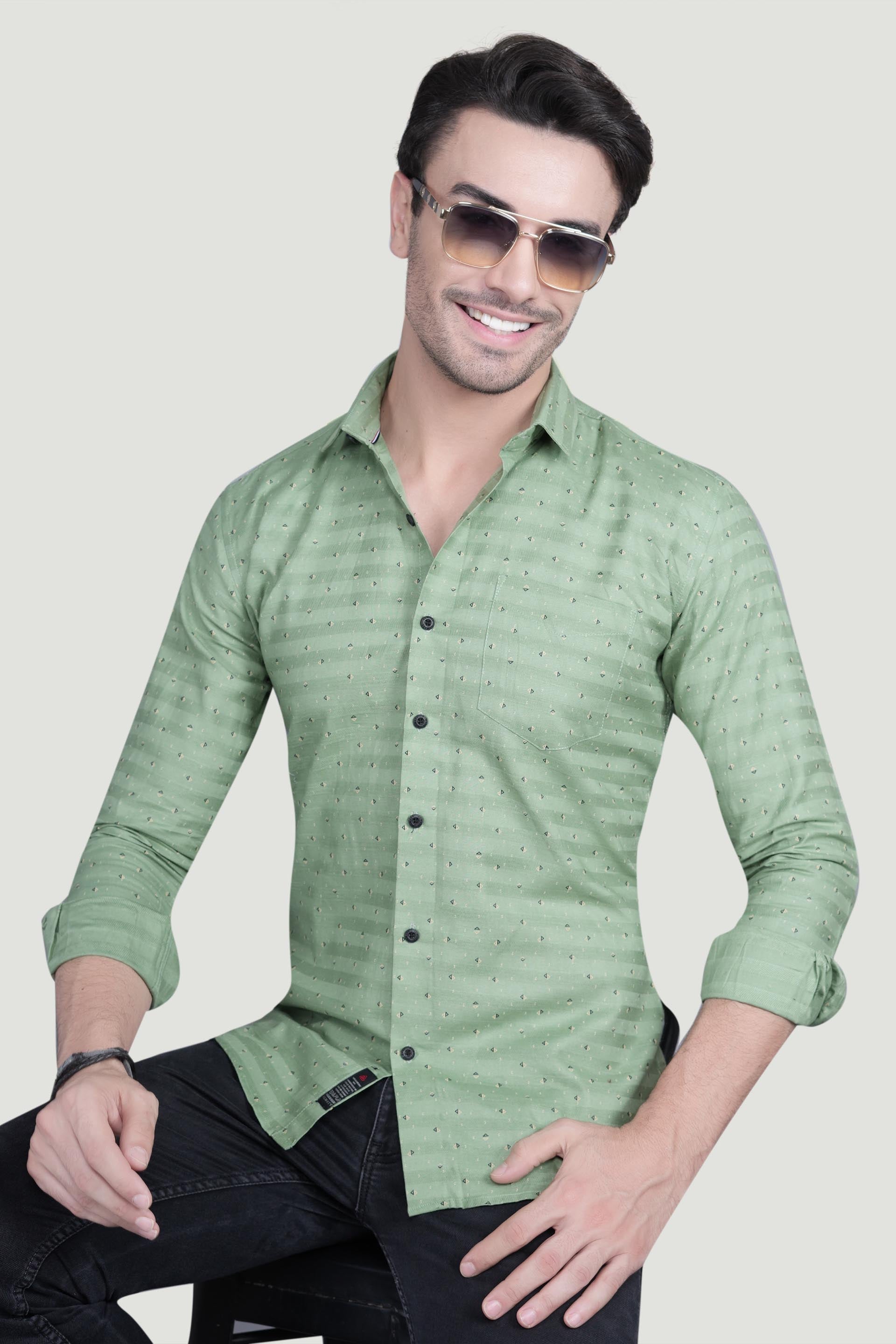 Xavier Green Cotton Striped Shirt