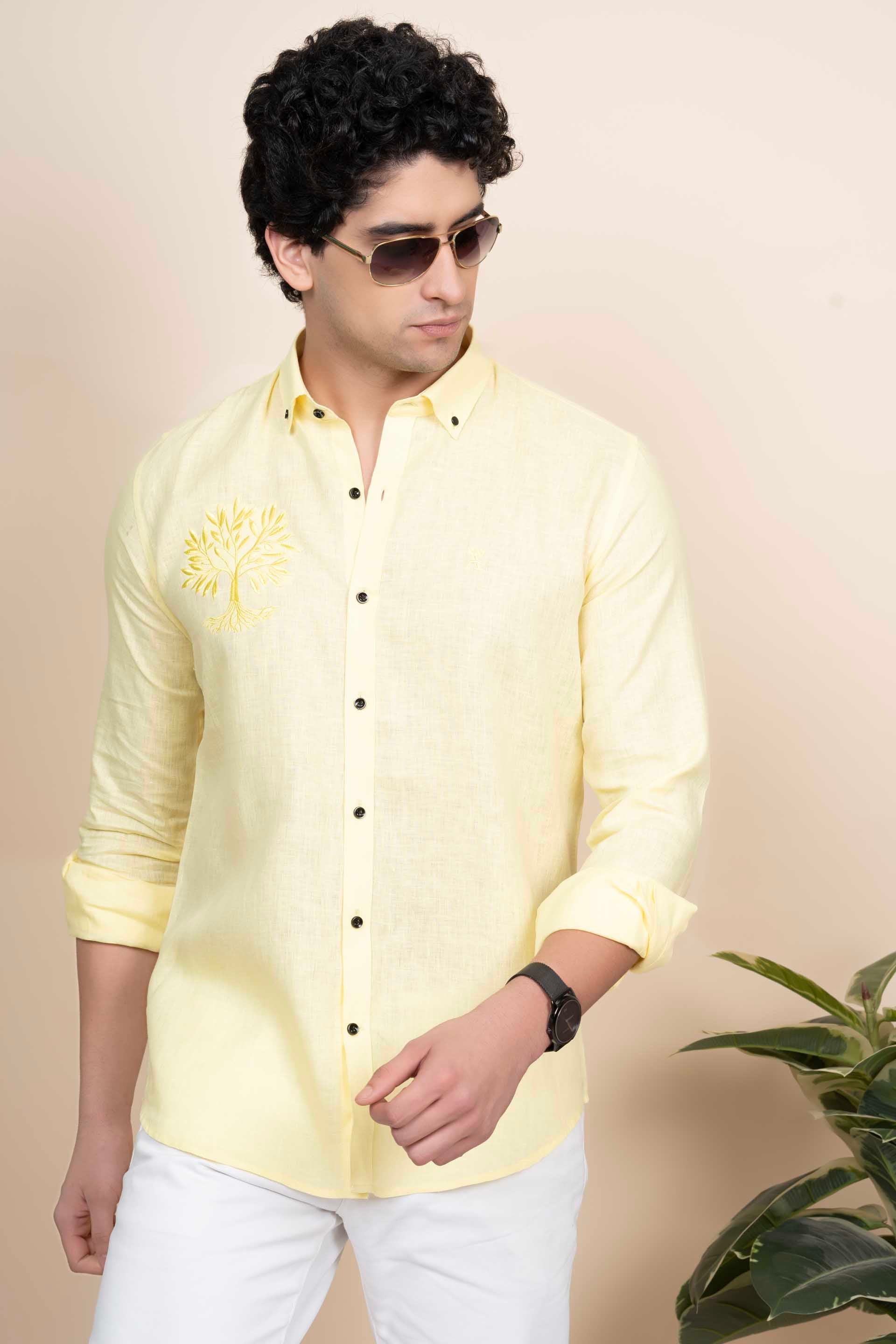 Isaac Yellow Pure Linen Embroidery