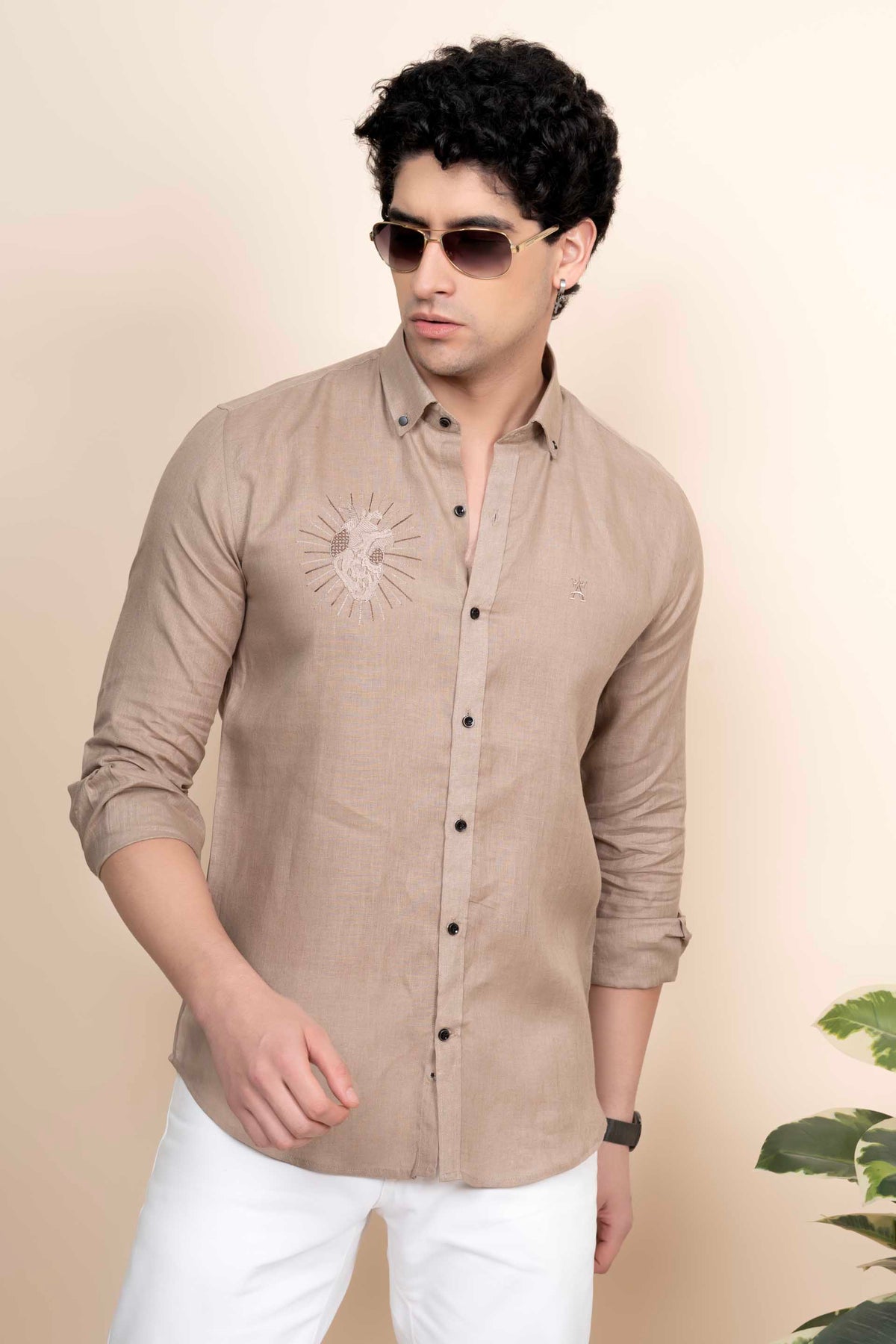 Dante Beige Pure Linen Shirt Embroidery