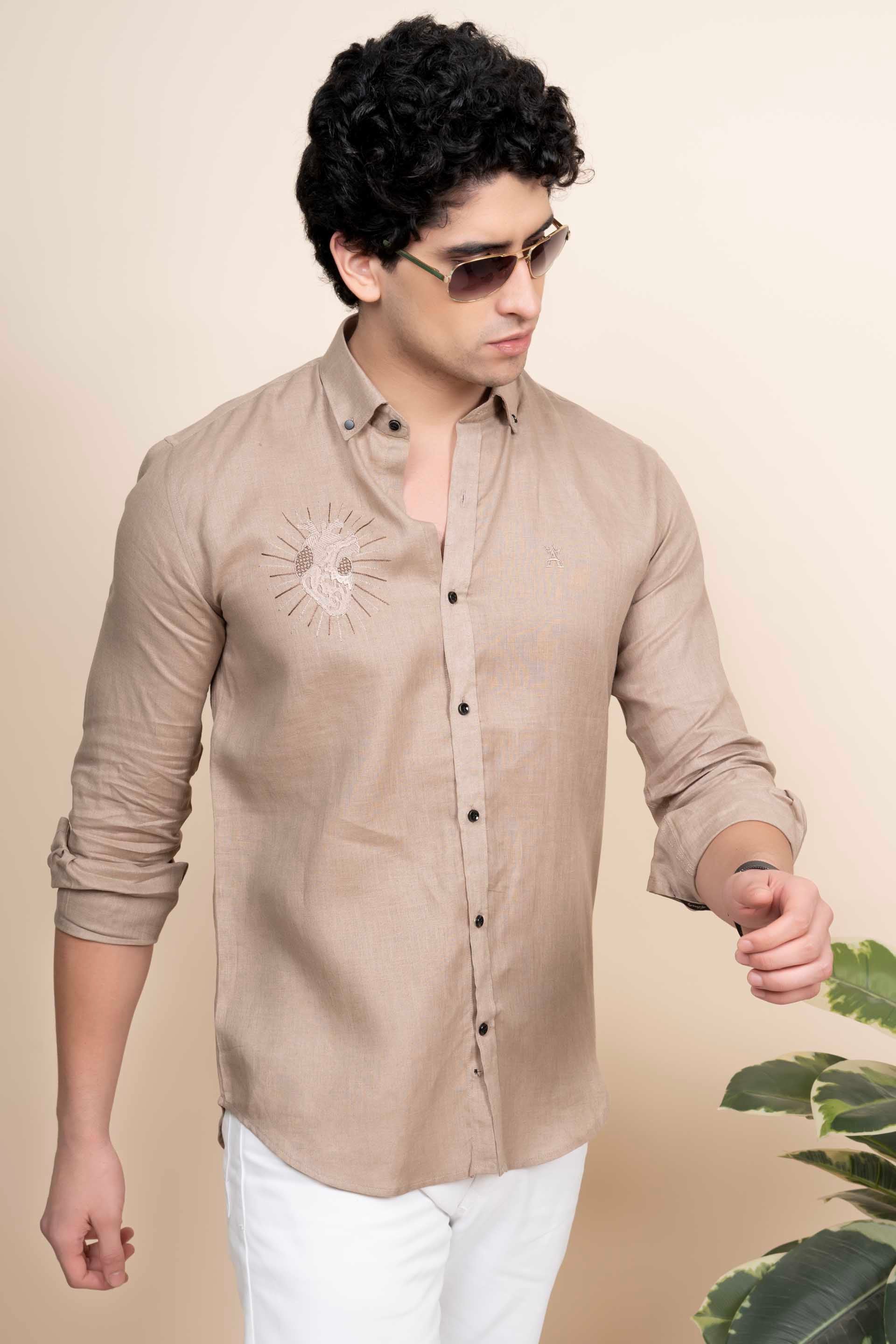 Dante Beige Pure Linen Shirt Embroidery