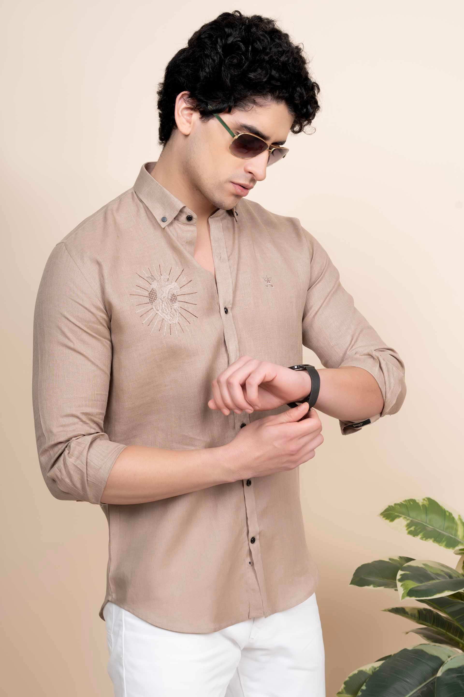 Dante Beige Pure Linen Shirt Embroidery